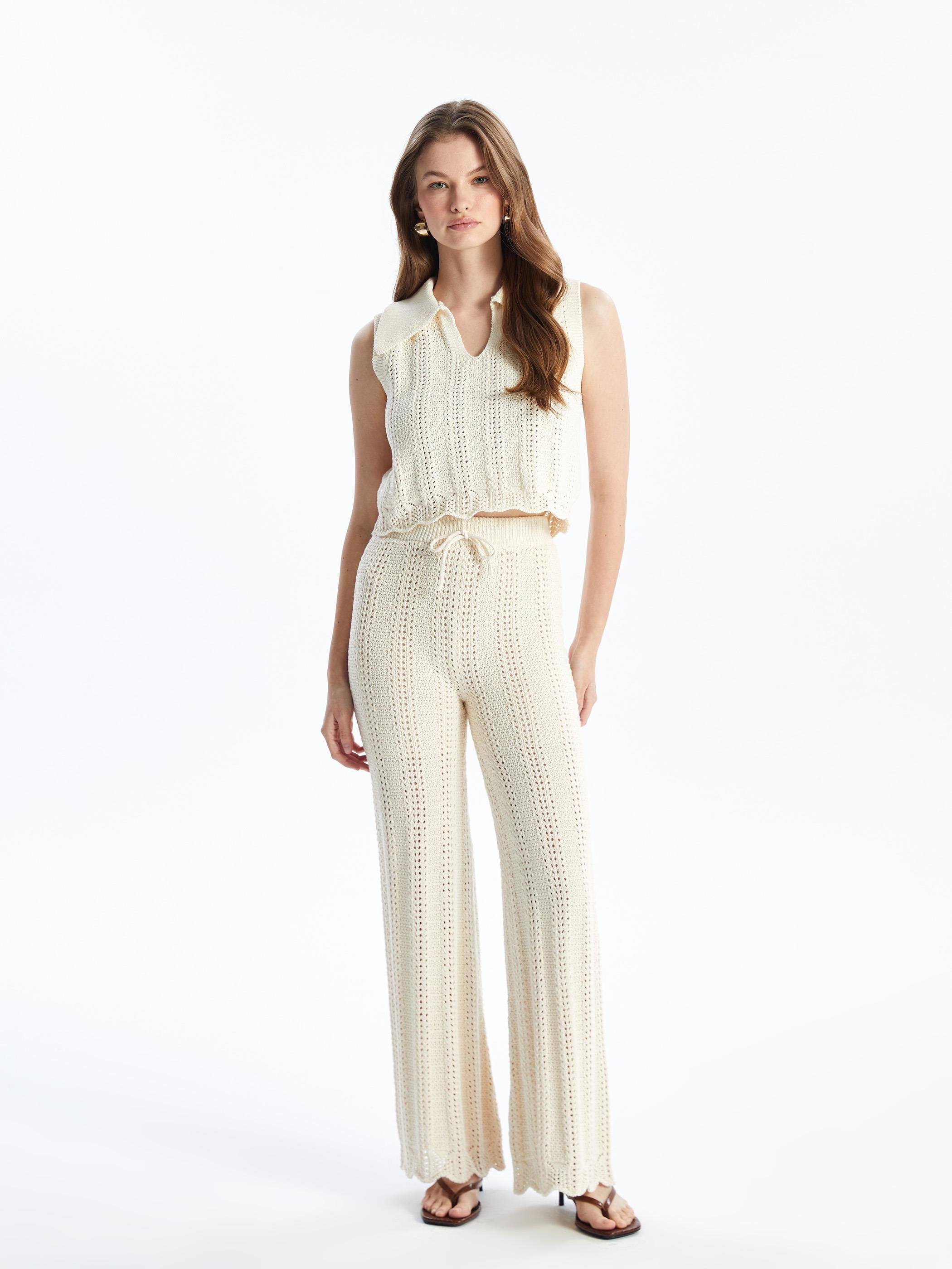 Lizbon - Örgü Detaylı Bol Paça Triko Pantolon - Ekru