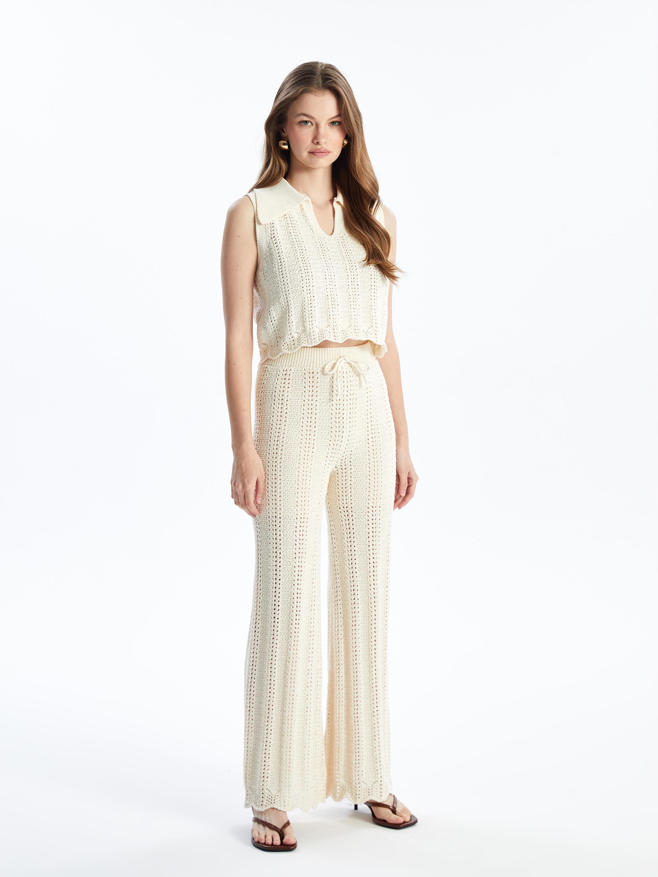 Lizbon - Örgü Detaylı Bol Paça Triko Pantolon - Ekru