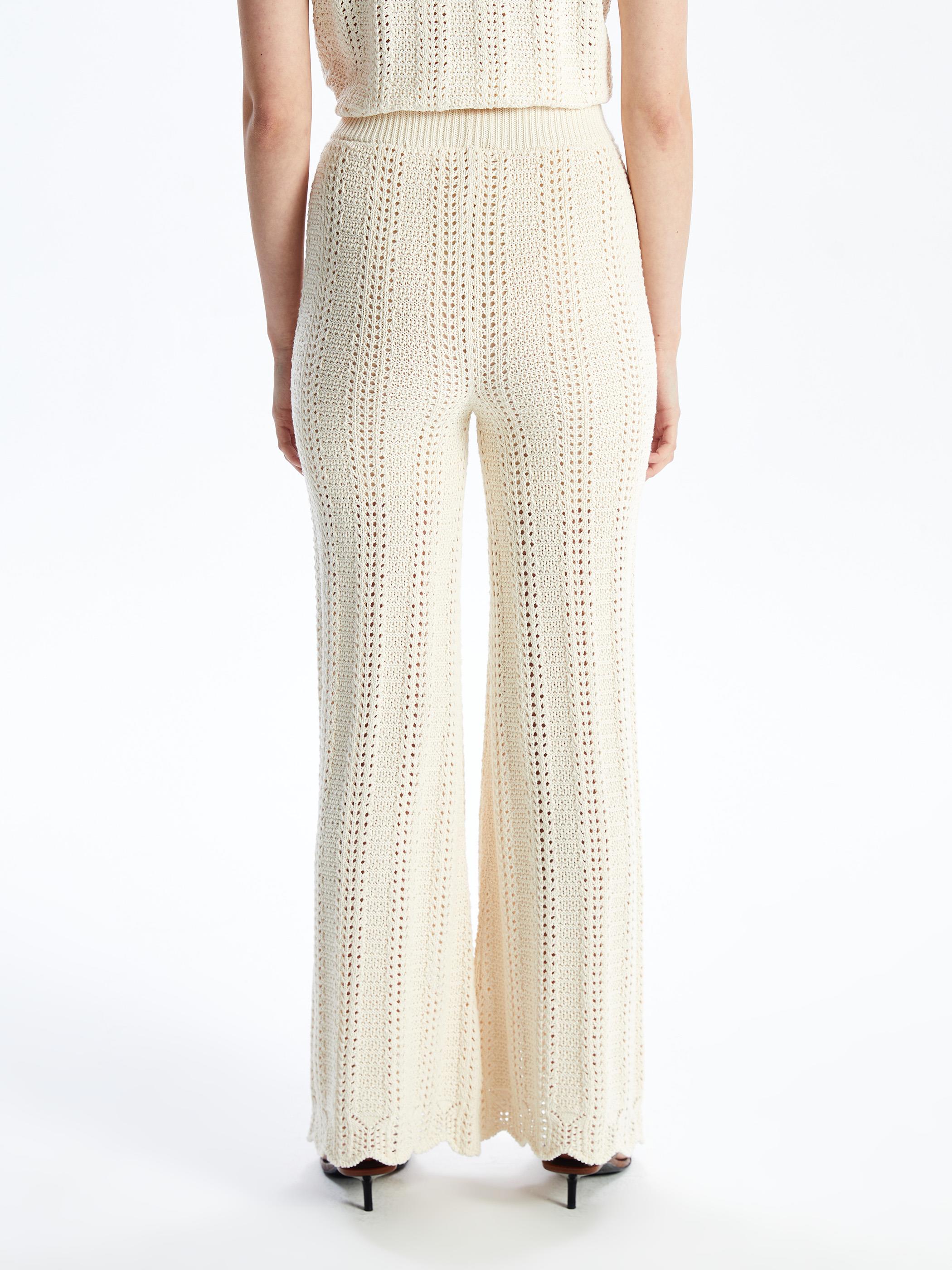 Lizbon - Örgü Detaylı Bol Paça Triko Pantolon - Ekru