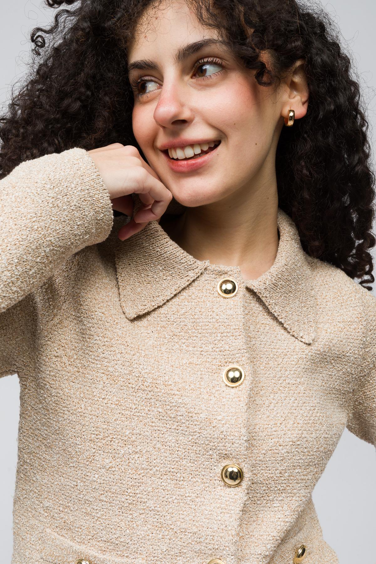 Lozan - Düğme Ve Cep Detaylı Polo Yaka Triko Hırka - Bej Renk