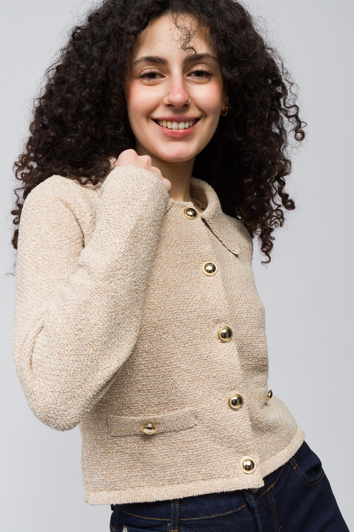 Lozan - Düğme Ve Cep Detaylı Polo Yaka Triko Hırka - Bej Renk