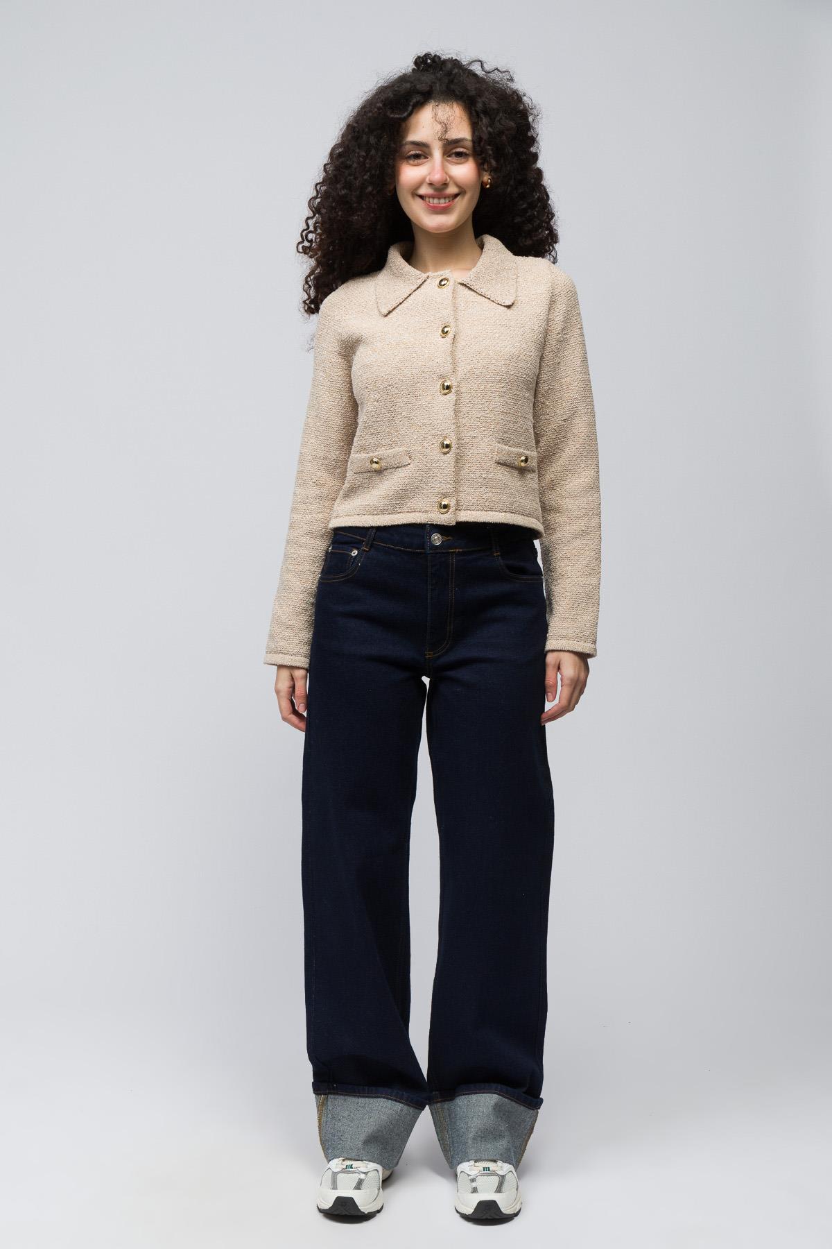 Lozan - Düğme Ve Cep Detaylı Polo Yaka Triko Hırka - Bej Renk