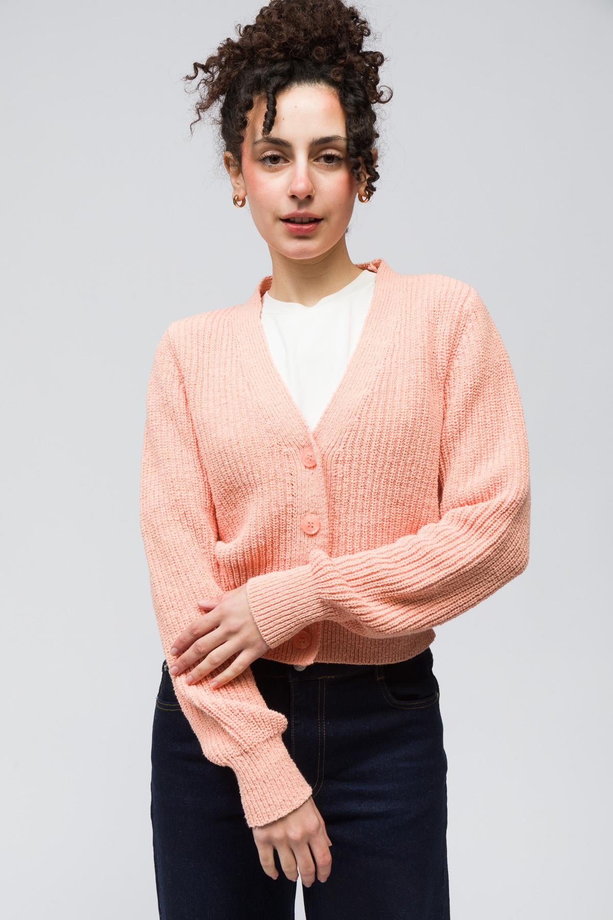 Lugano - Düğme Detaylı Uzun Kollu Triko Hırka - Orange Renk