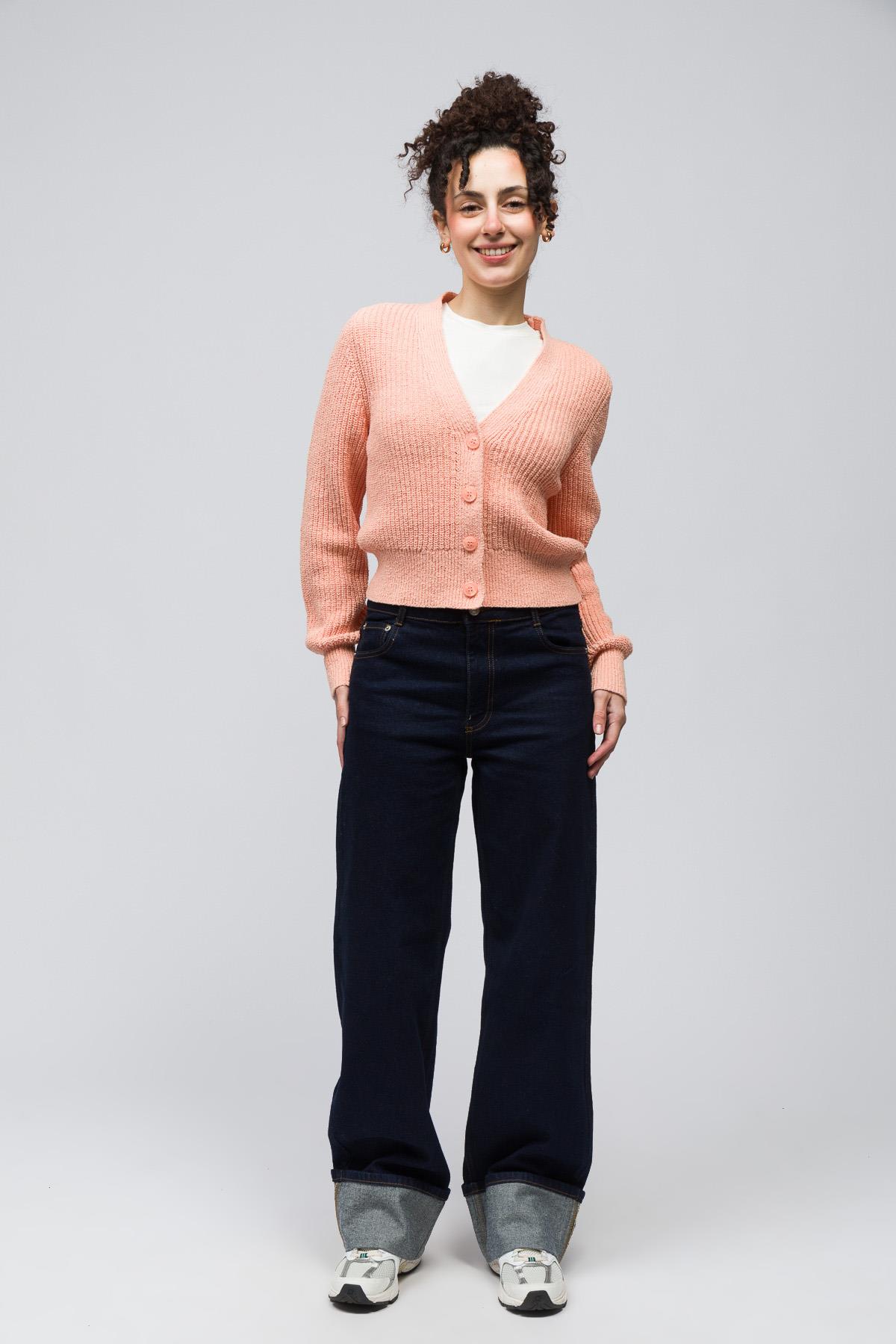 Lugano - Düğme Detaylı Uzun Kollu Triko Hırka - Orange Renk