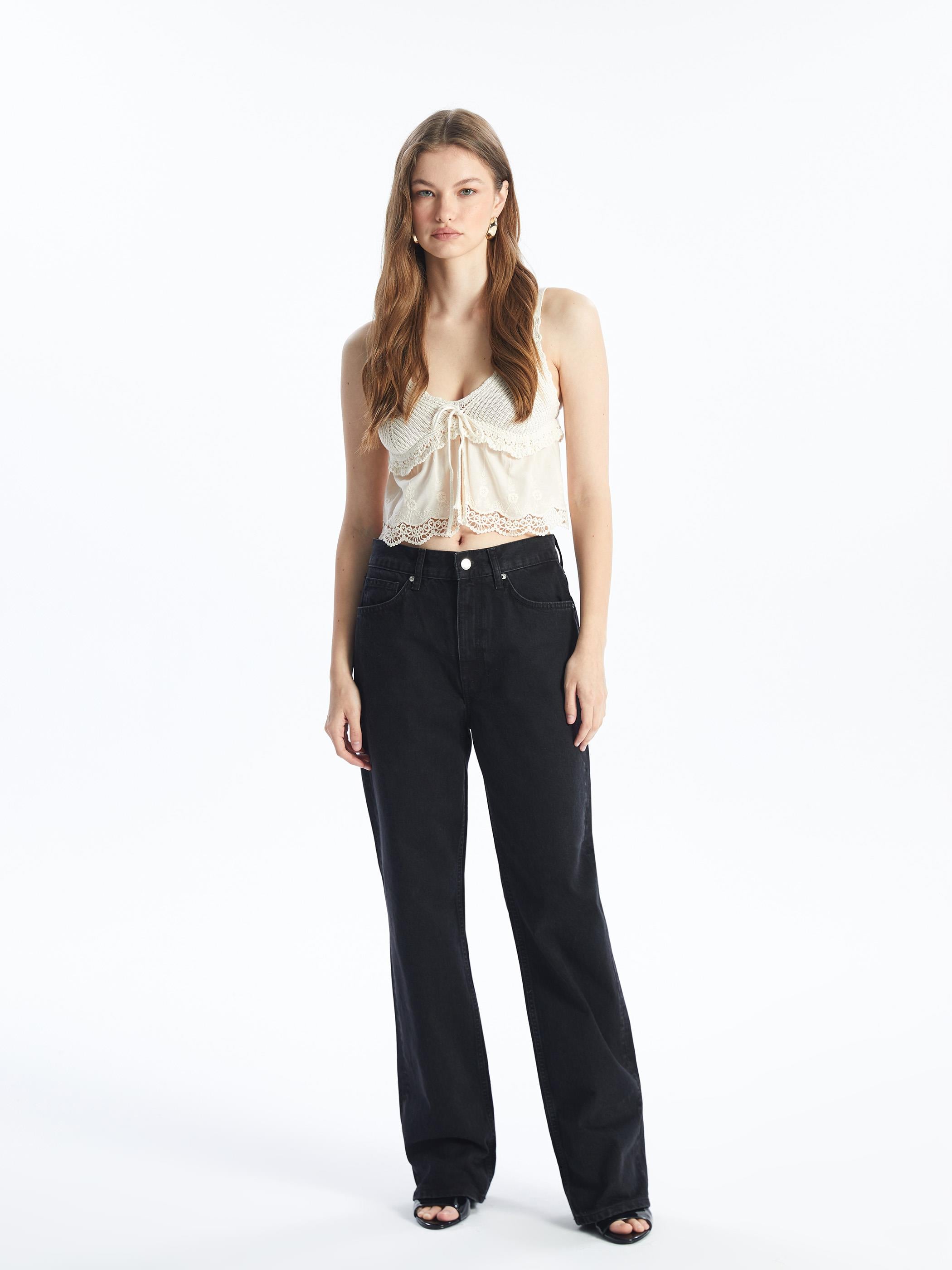 Marsilya - Düz Straight Fit %100 Pamuk Normal Bel Denim Pantolon - Siyah