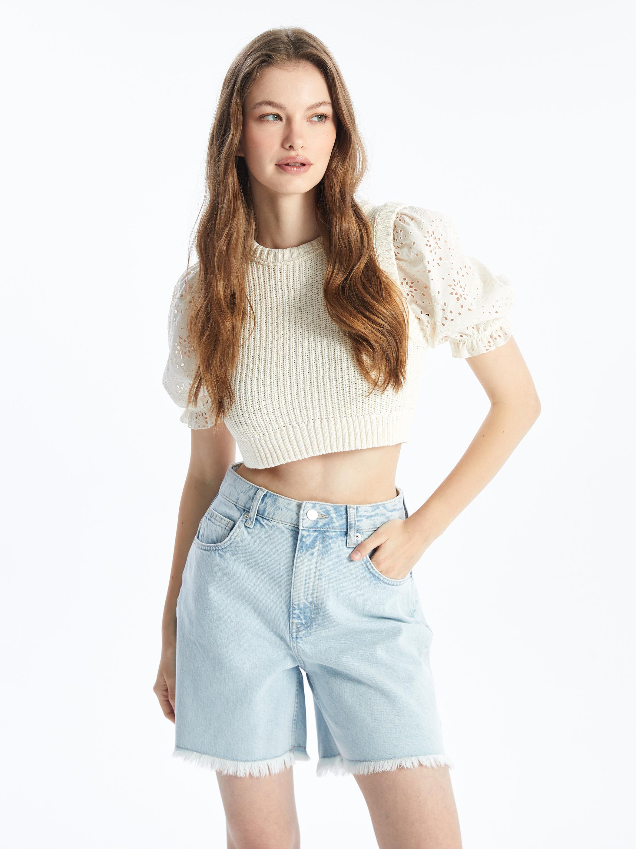 N008721 - Düz Mini Denim Şort - Açık Mavi