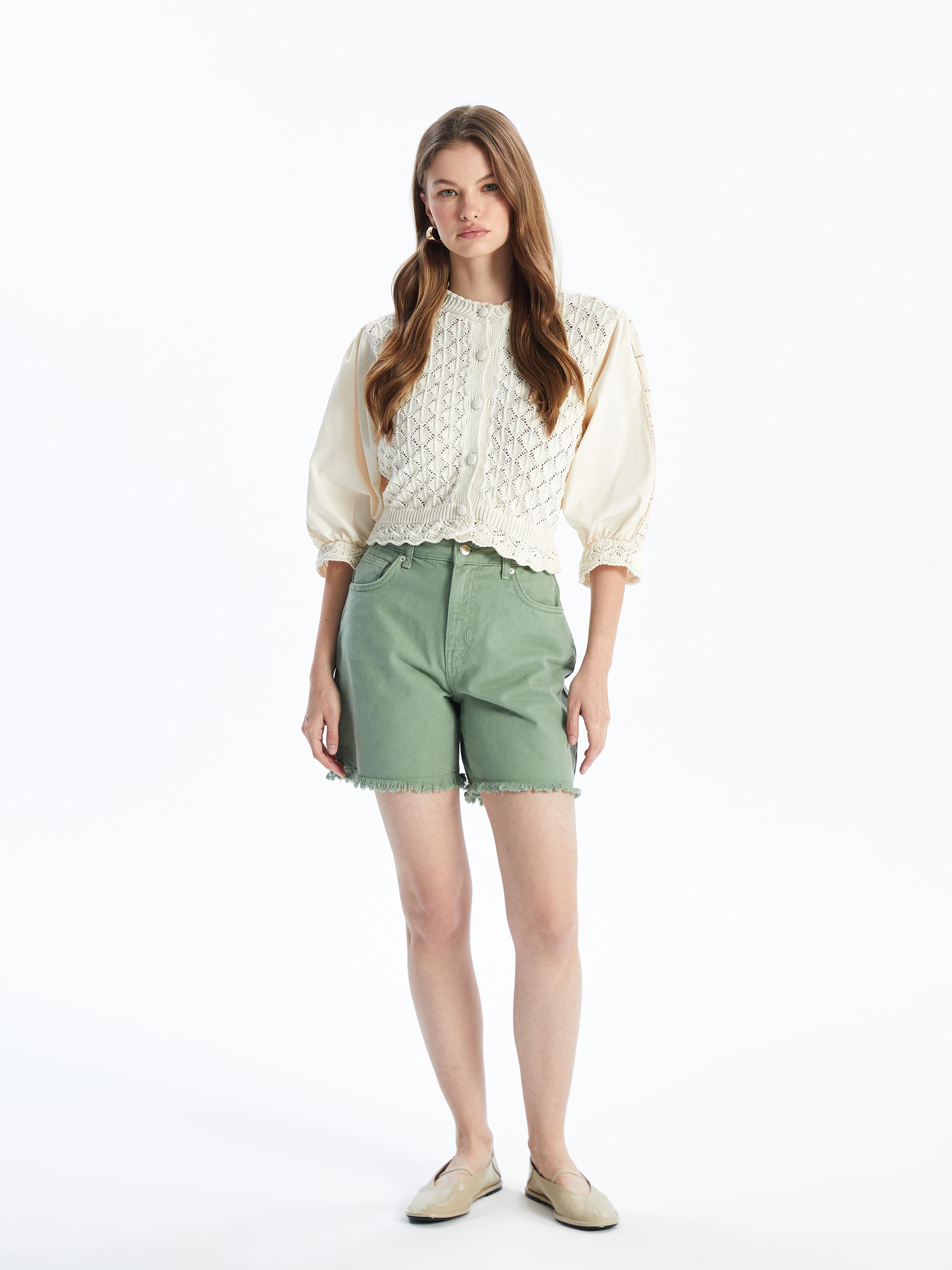 N008721 - Düz Mini Denim Şort - Haki