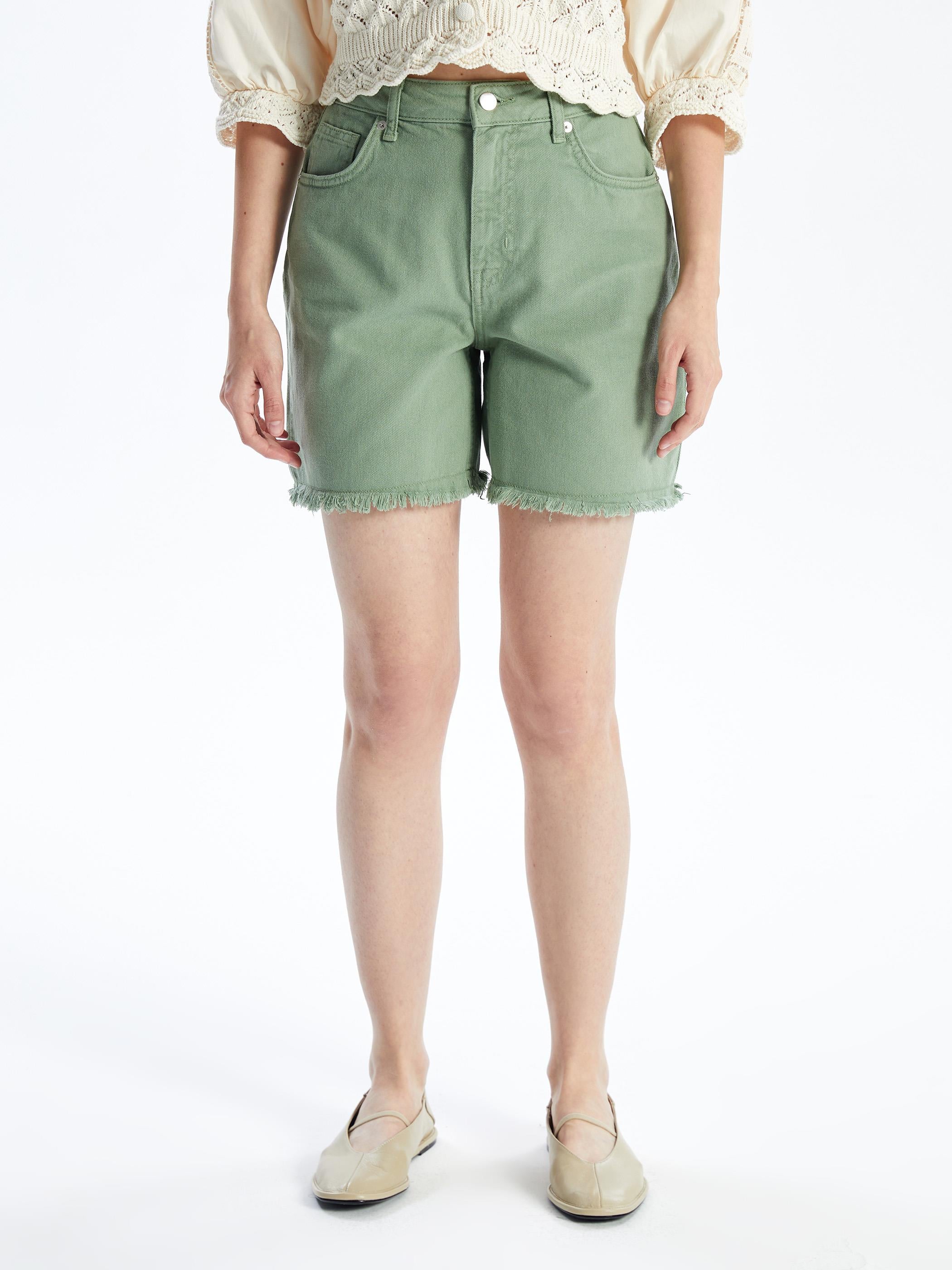 N008721 - Düz Mini Denim Şort - Haki