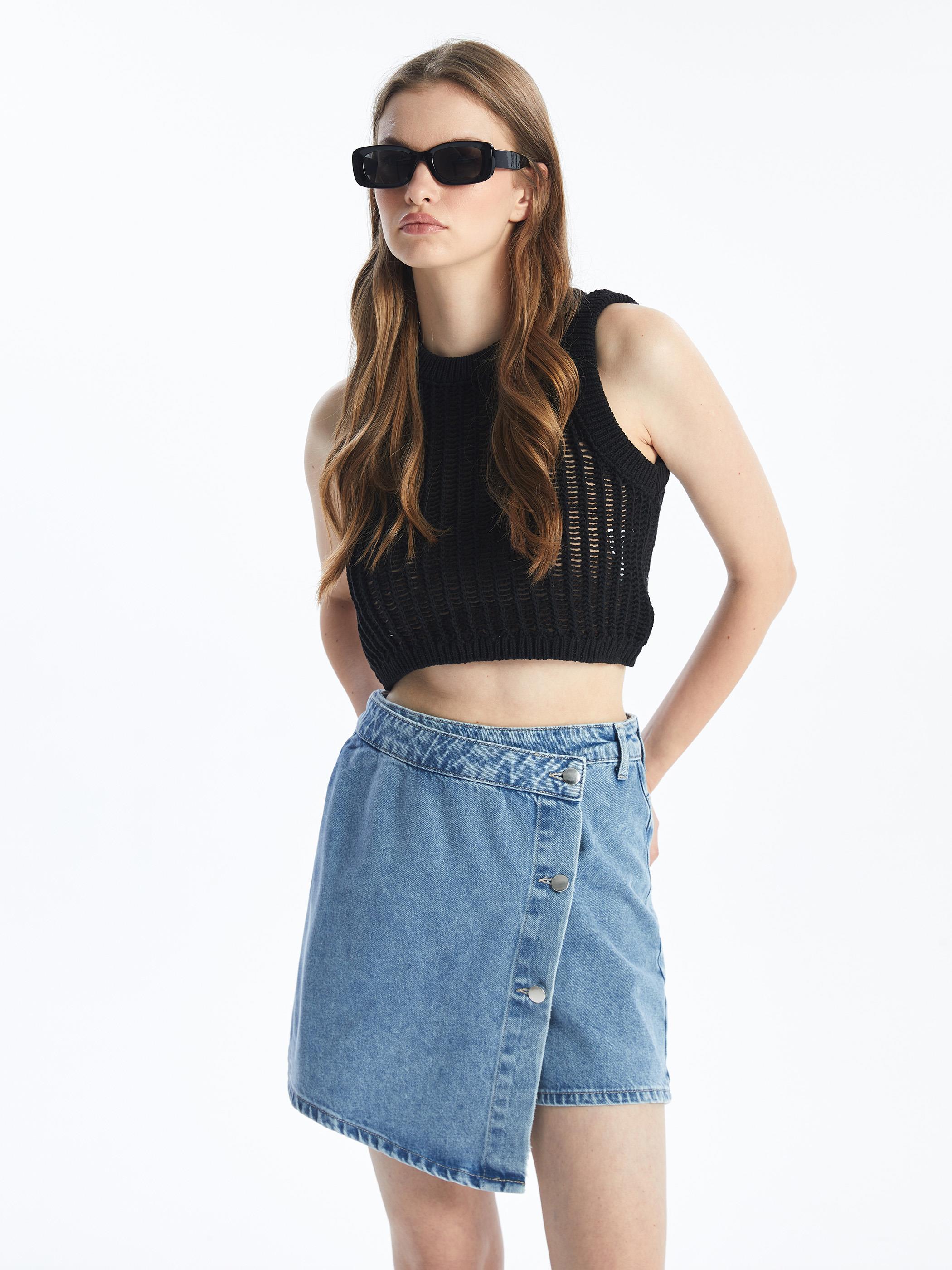 N009064 - Düz Mini Denim Şort Etek - Açık Mavi