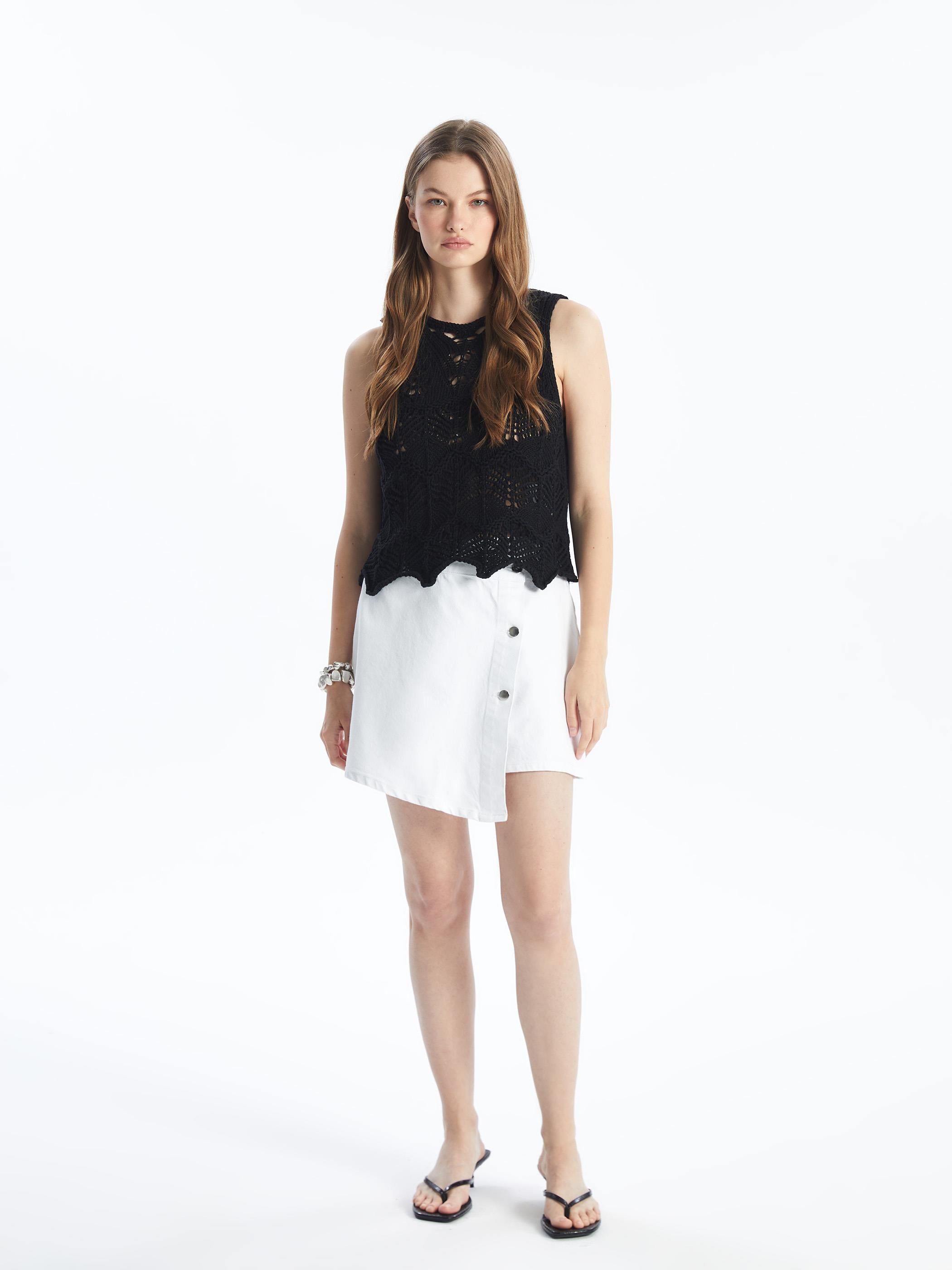 N009064 - Düz Mini Denim Şort Etek - Beyaz