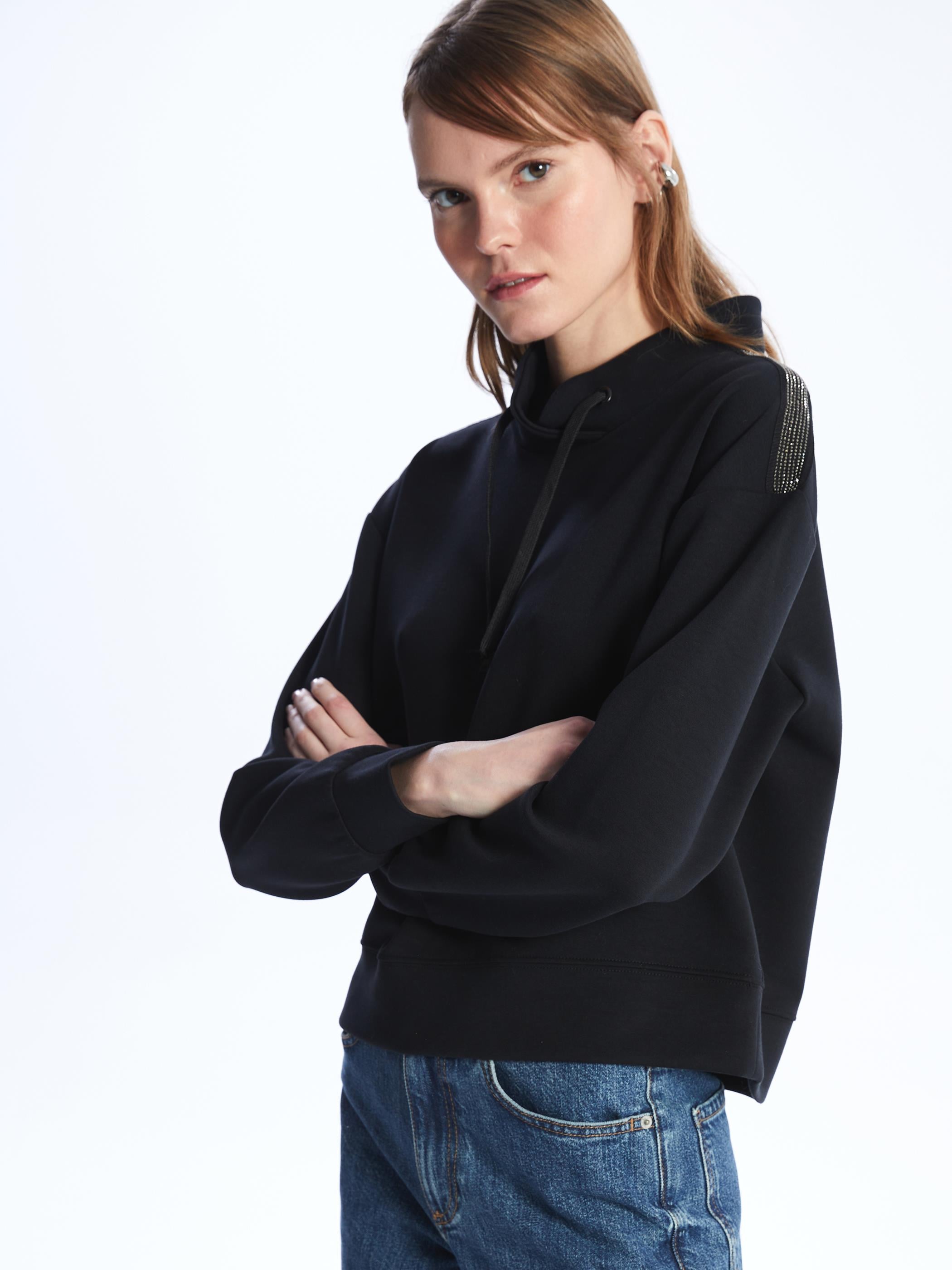 Nice- Uzun Kol Taş Detaylı Modal Sweatshirt- Siyah