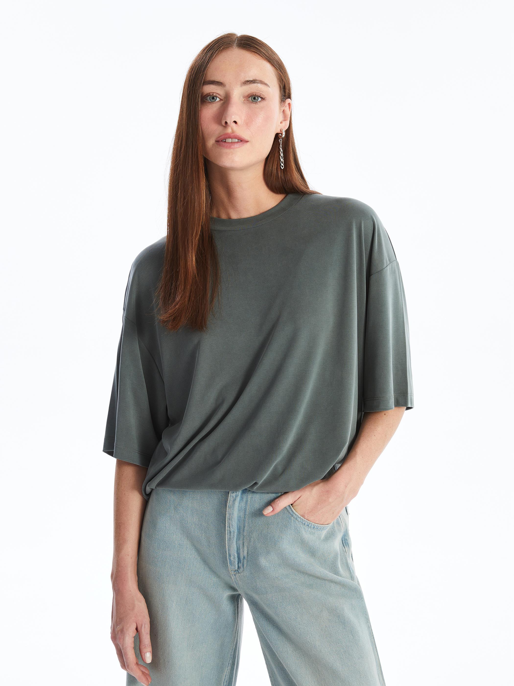 Pau - Modal Oysho Kumaş Düz Oversize Tshirt- Haki
