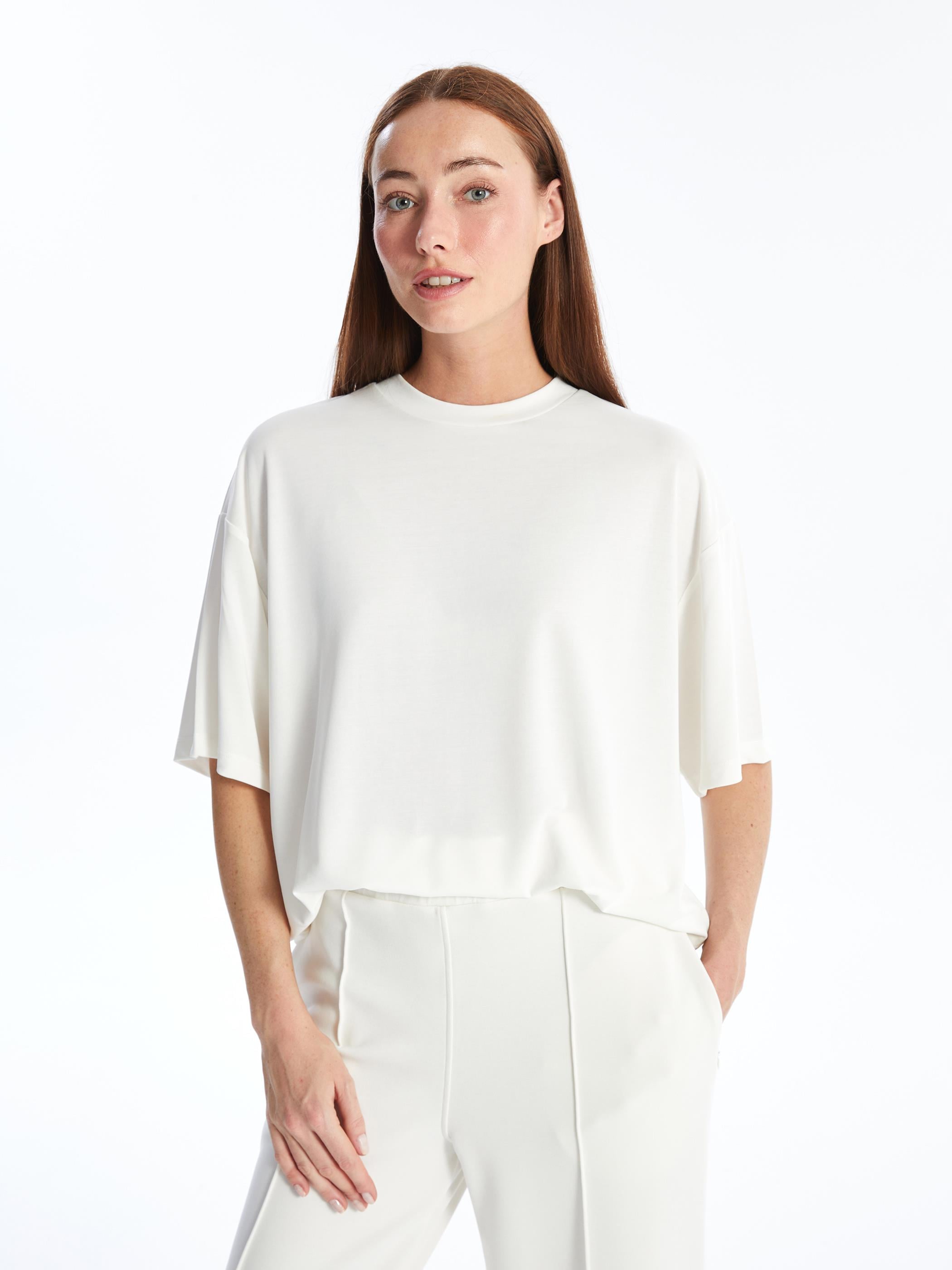 Pau - Modal Oysho Kumaş Düz Oversize Tshirt- Ekru