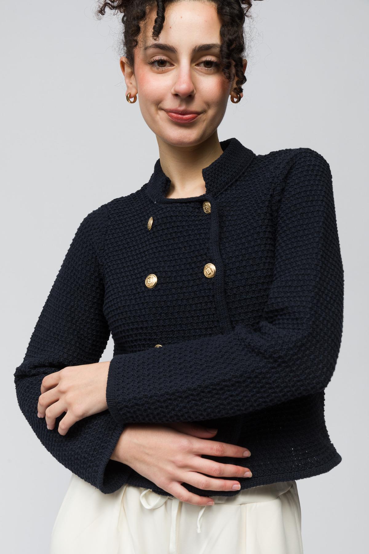 Pekin - Hakim Yaka Düğme Detaylı Triko Hırka - Lacivert Renk