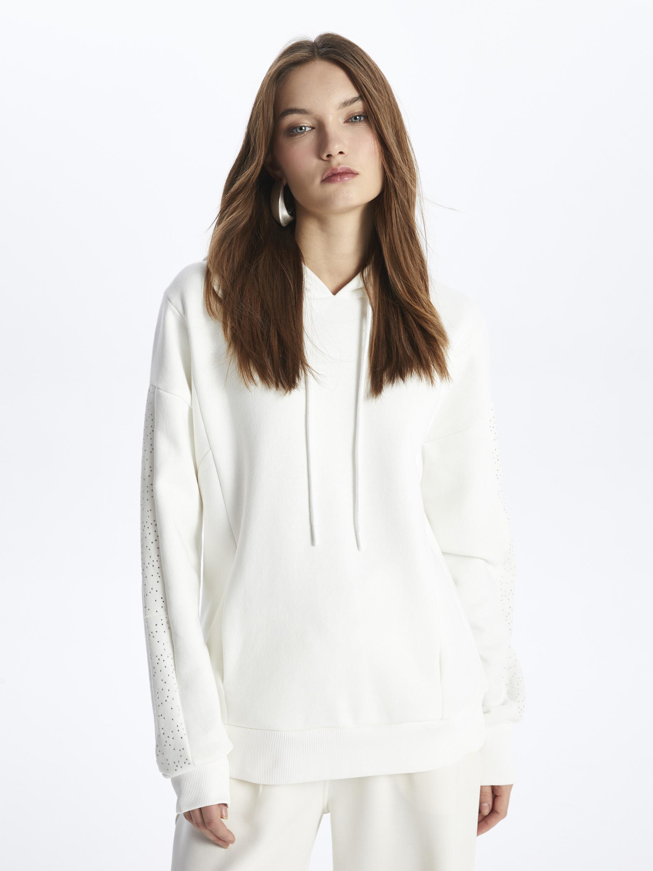 Rennes- Kapuşonlu Uzun Kol Parçalı Sweatshirt- Beyaz
