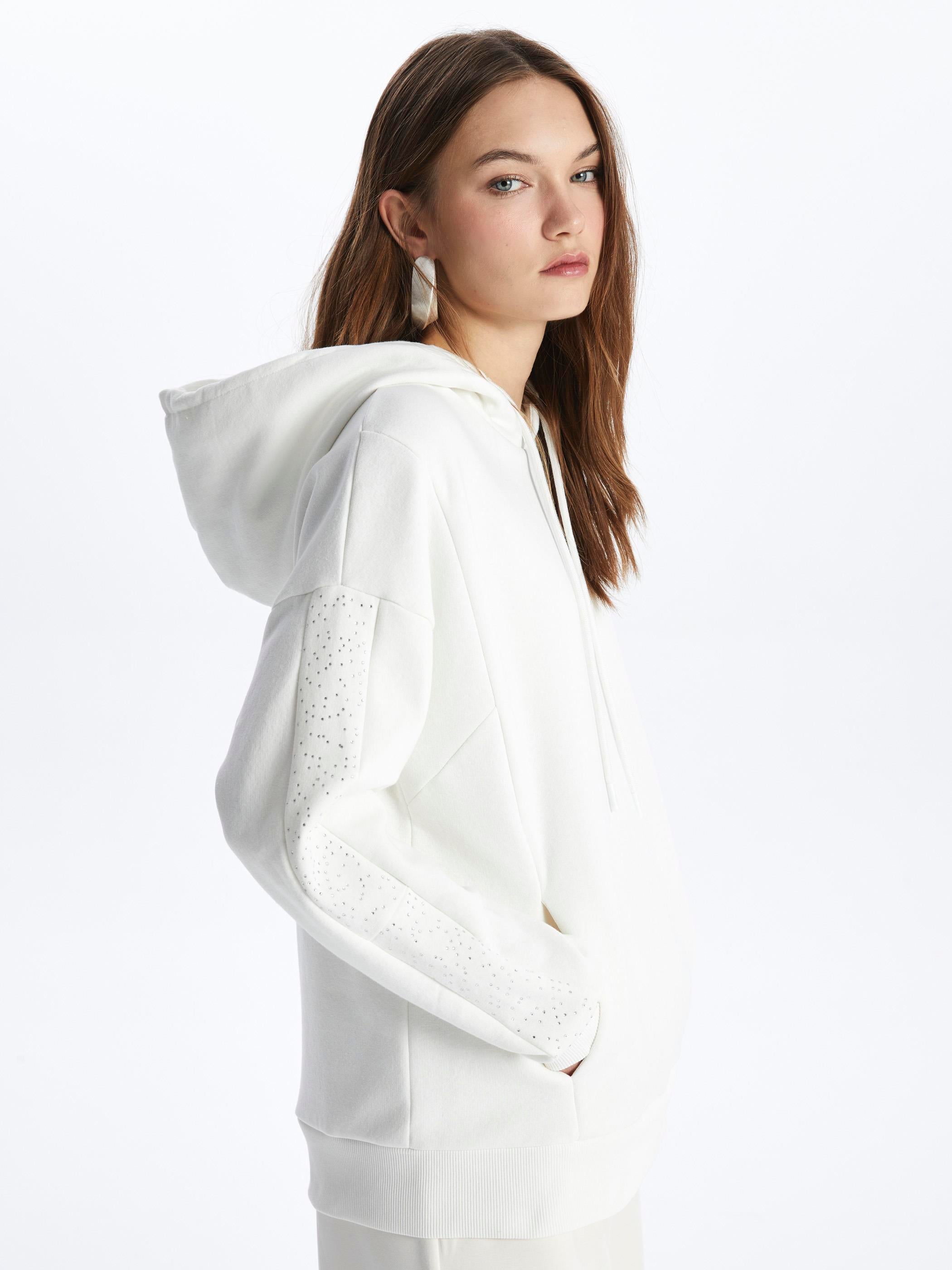 Rennes- Kapuşonlu Uzun Kol Parçalı Sweatshirt- Beyaz