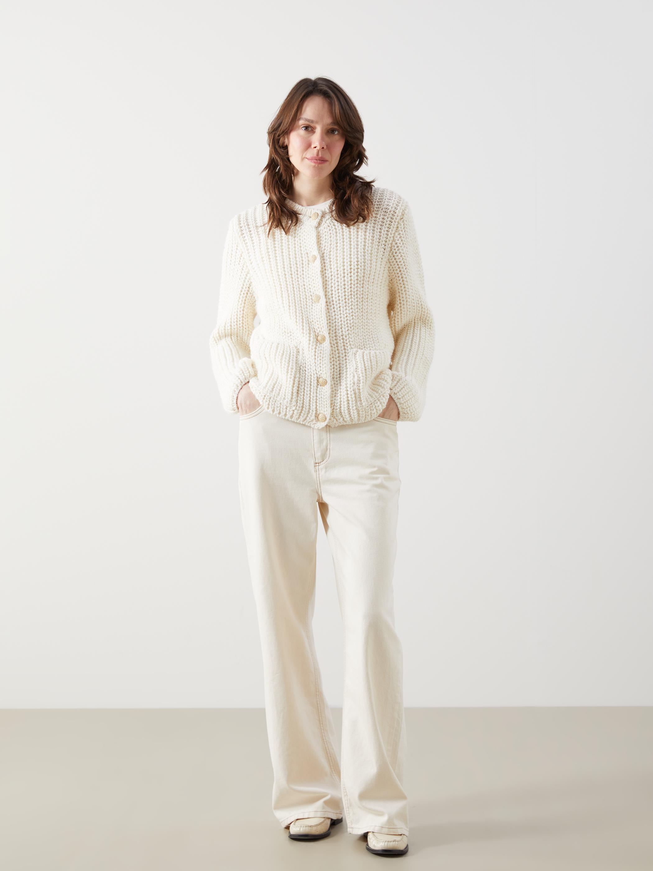 Setubal - Cepli Gold Düğme Detaylı ve Bisiklet Yaka Düz Triko Hırka  - Ekru Renk