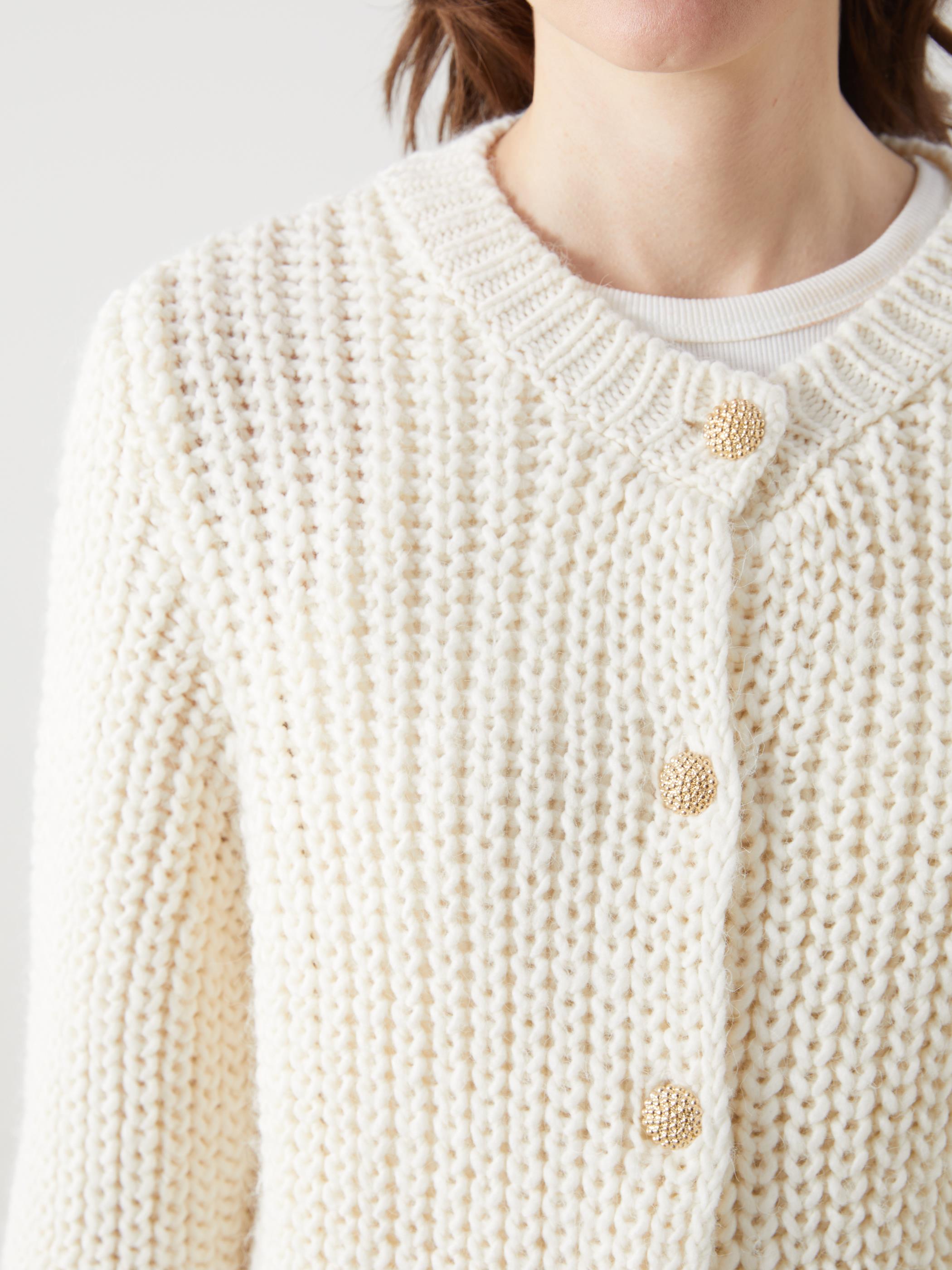 Setubal - Cepli Gold Düğme Detaylı ve Bisiklet Yaka Düz Triko Hırka  - Ekru Renk