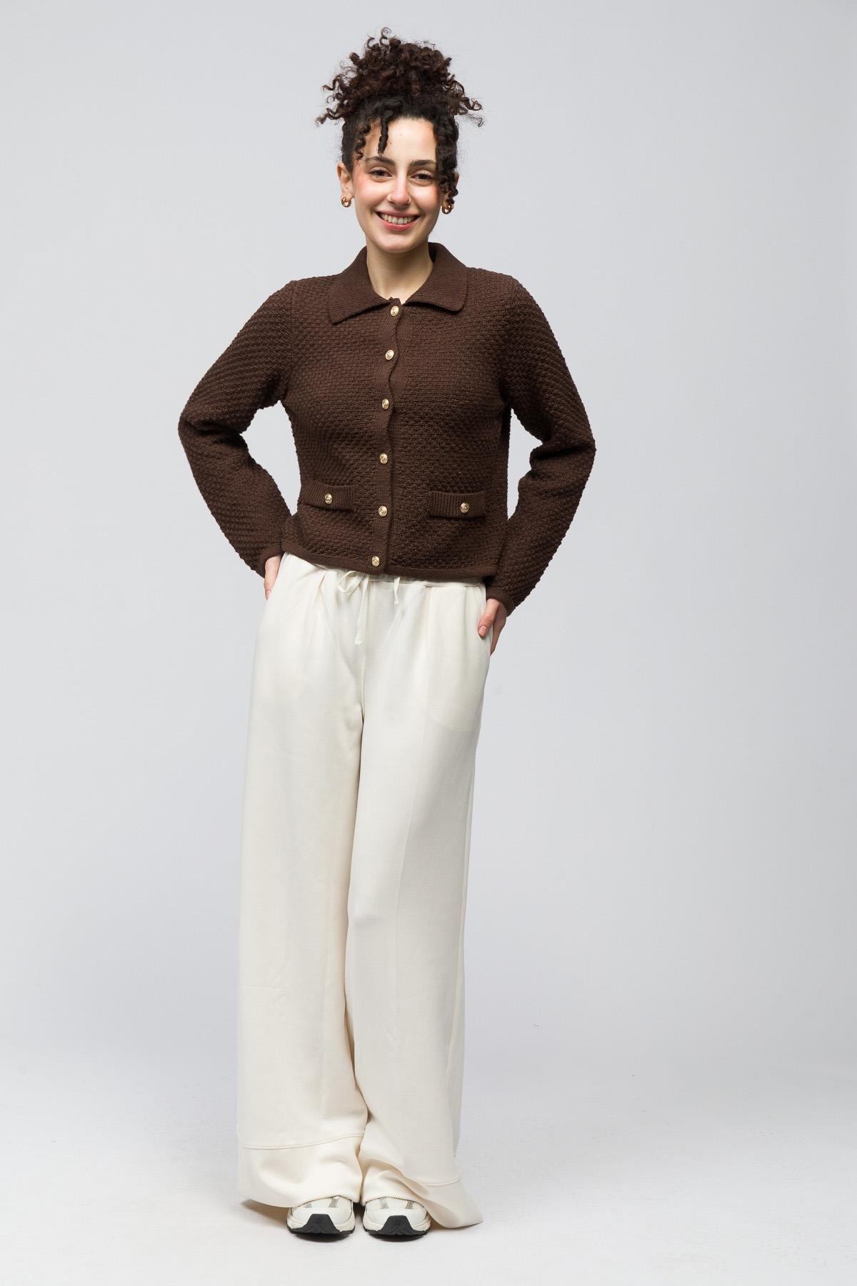 Seul - Gömlek Yaka Cep Detaylı Triko Hırka - Kahverengi Renk