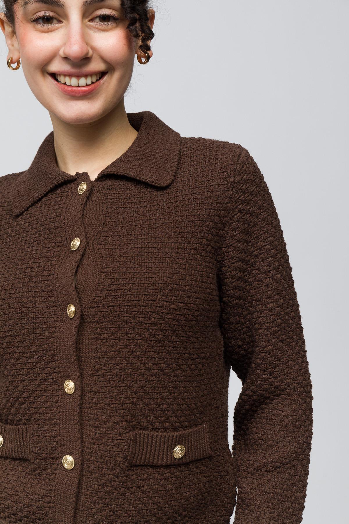 Seul - Gömlek Yaka Cep Detaylı Triko Hırka - Kahverengi Renk