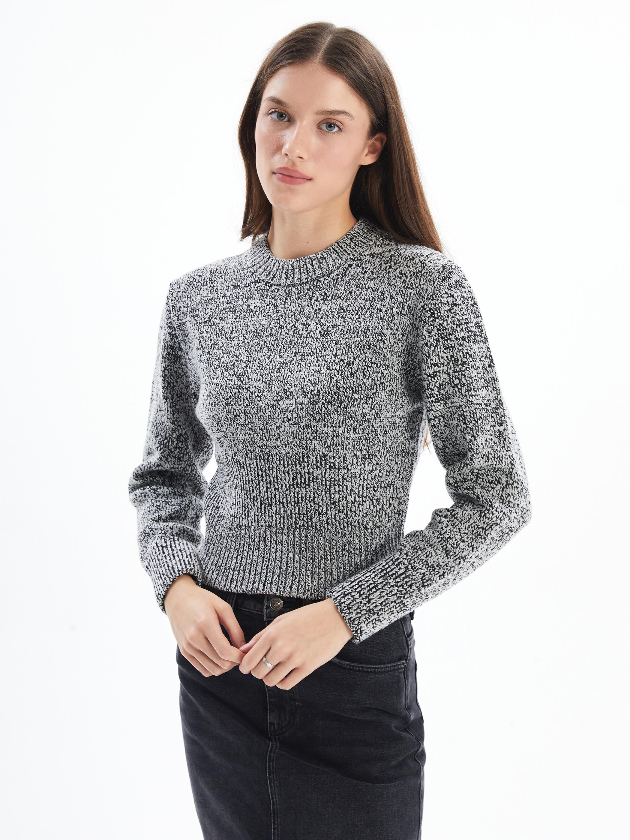 Stk3 - Kırçıllı Düz Bisiklet Yaka Uzun Kol Triko Kazak - Multicolor