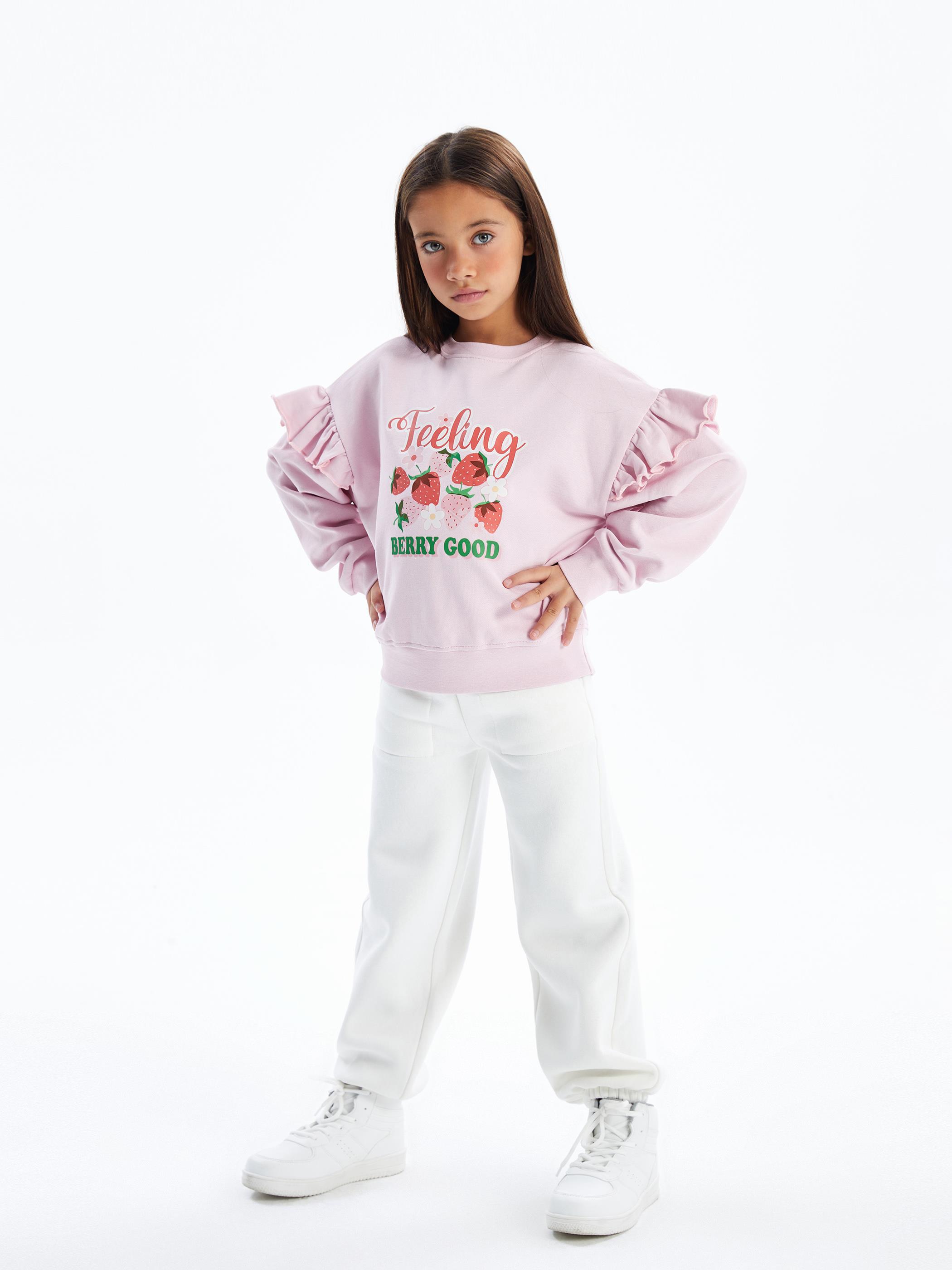 Strawberry - Bisiklet Yaka Kolları Fırfır Detaylı Dijital Baskılı Sweatshirt - Pembe Renk