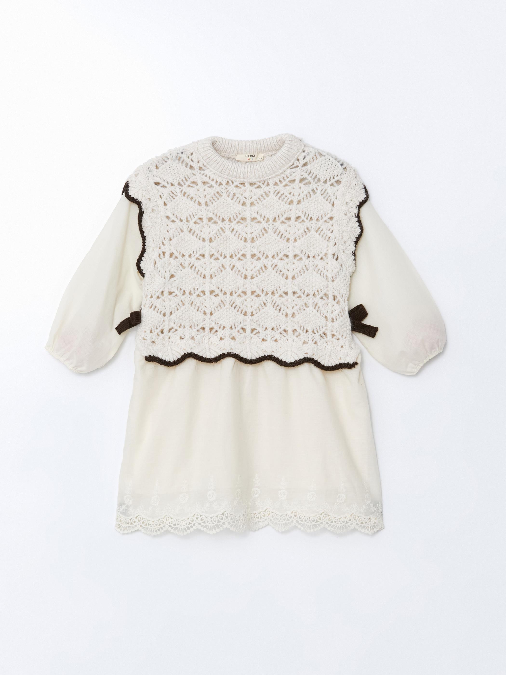 Tipping Dress - Dokuma ve Örgü Detaylı  Astarlı Triko Elbise - Ekru Renk