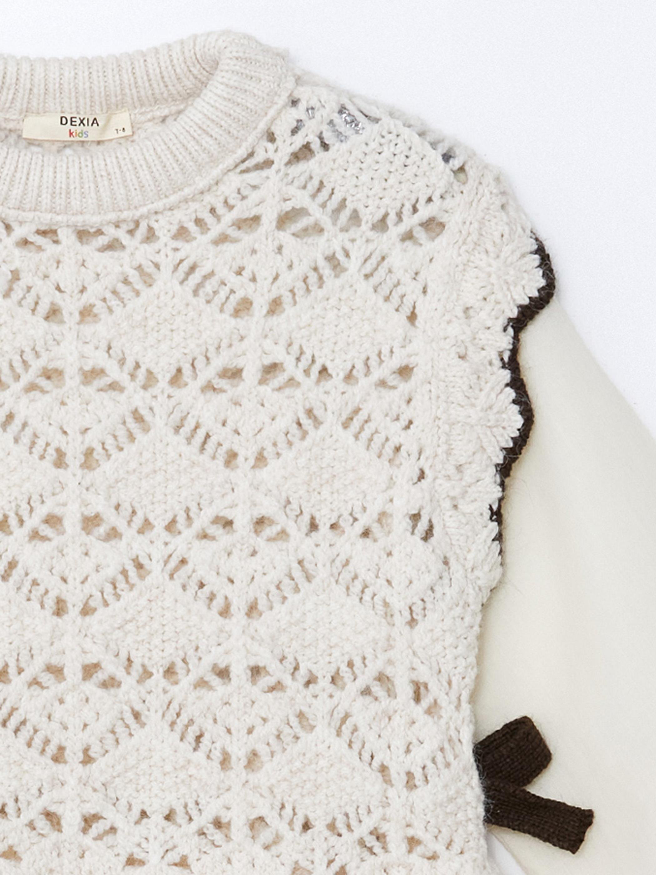 Tipping Dress - Dokuma ve Örgü Detaylı  Astarlı Triko Elbise - Ekru Renk