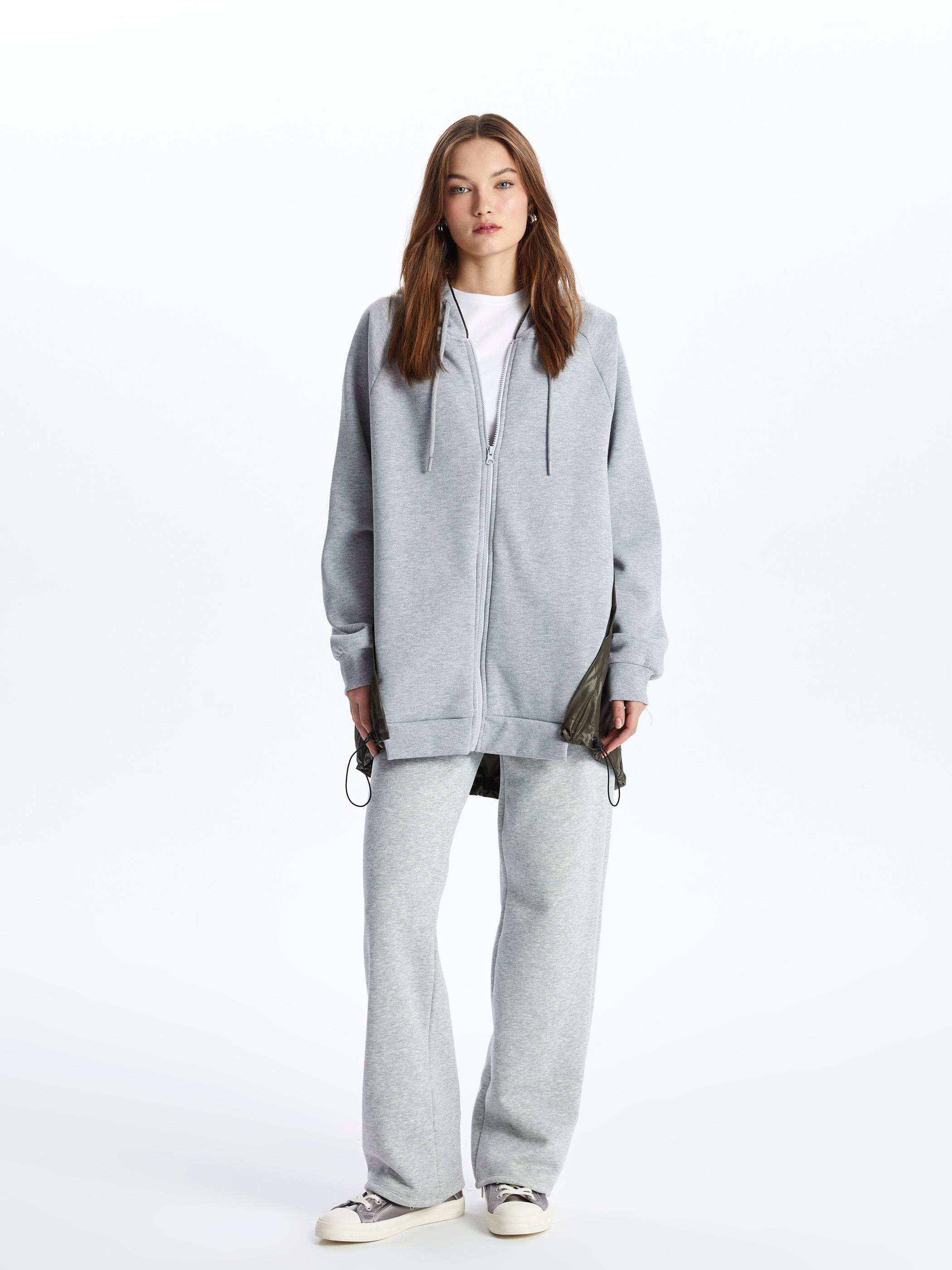Tokyo- Fermuarlı Kapuşonlu Uzun Kol Parçalı Sweatshirt- Gri-Haki