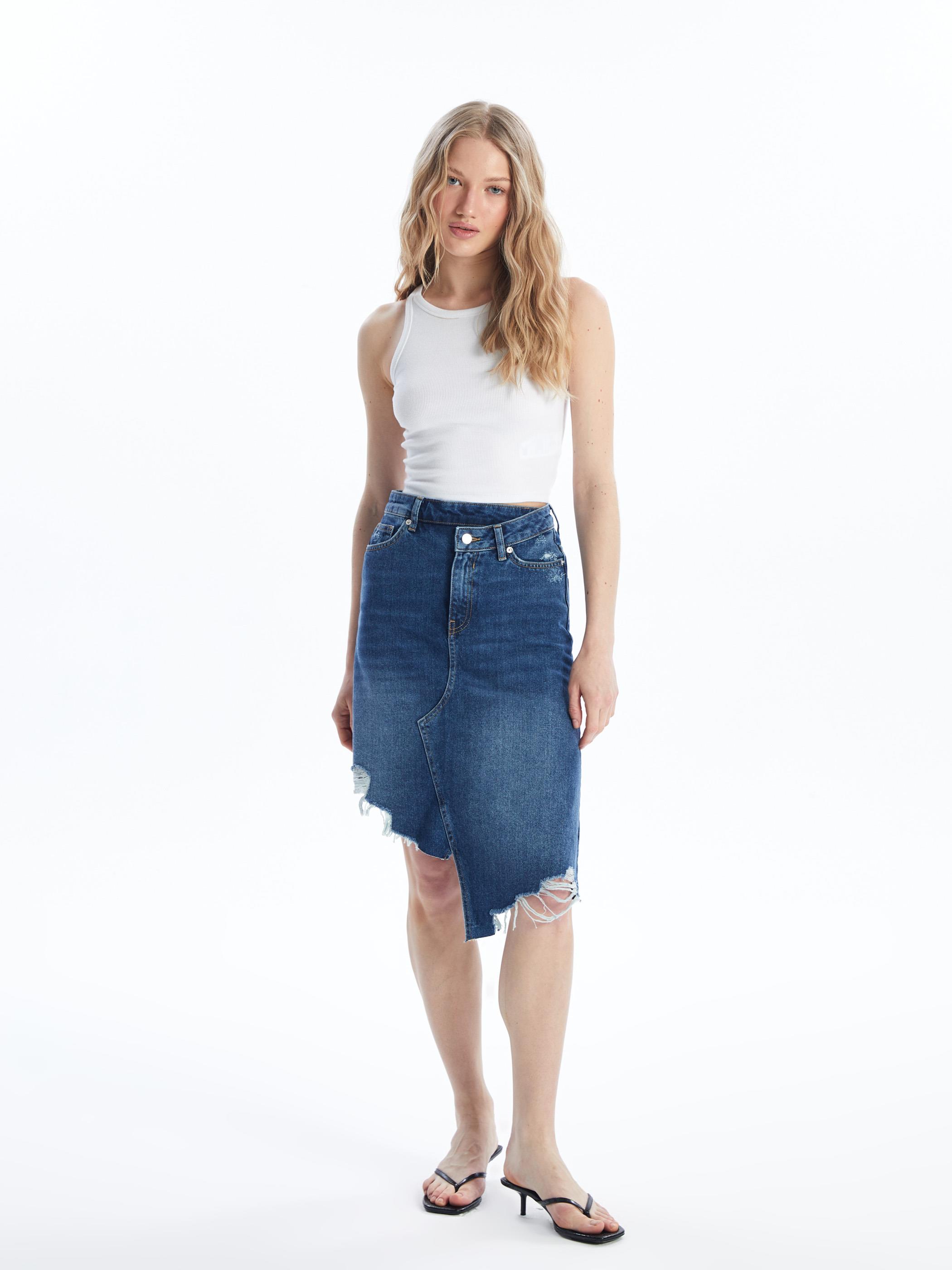 Udine - Denim Asimetrik Kesim Paçası Dikişsiz Etek - Mid Dark