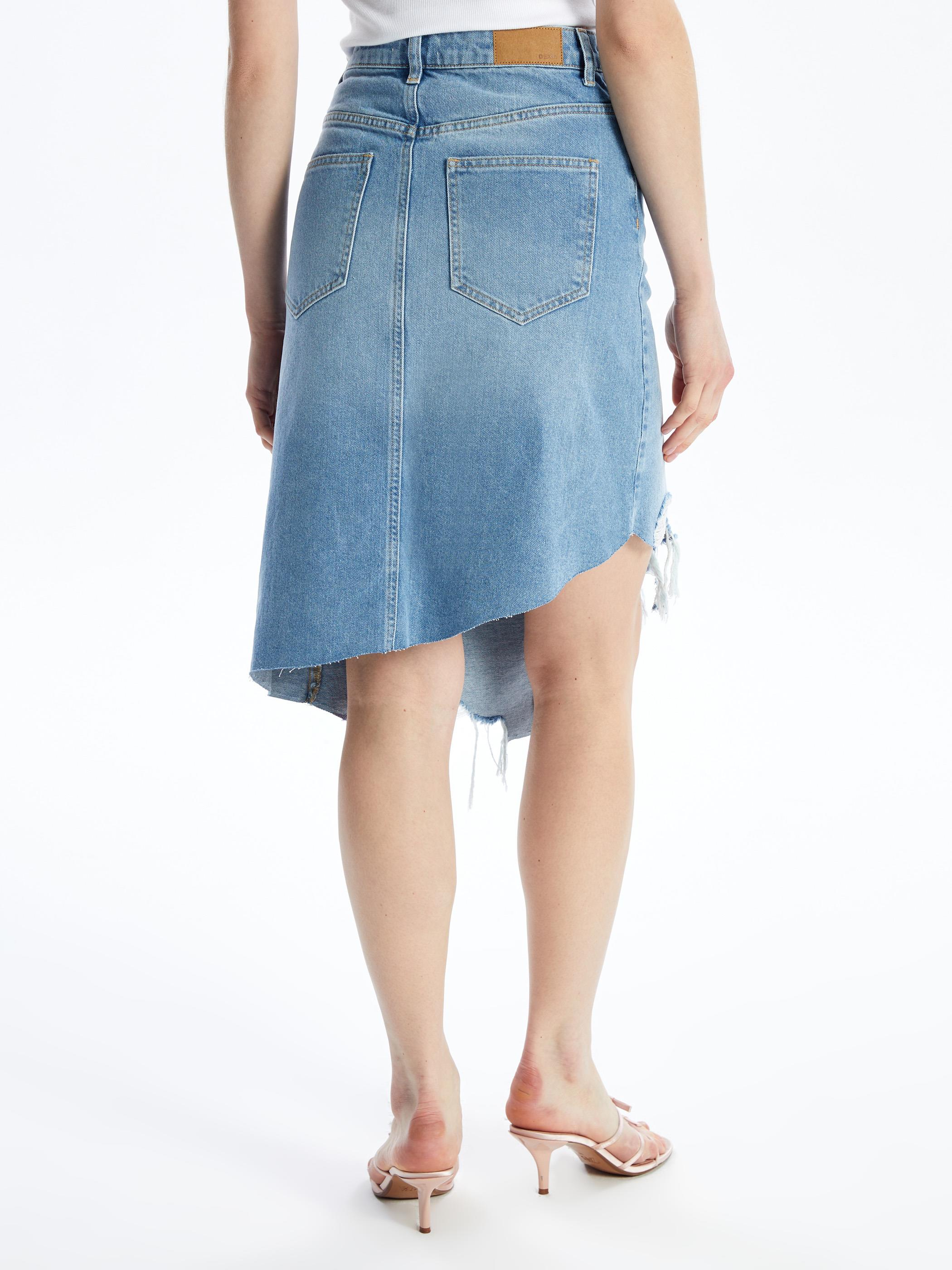 Udine - Denim Asimetrik Kesim Paçası Dikişsiz Etek - Mid