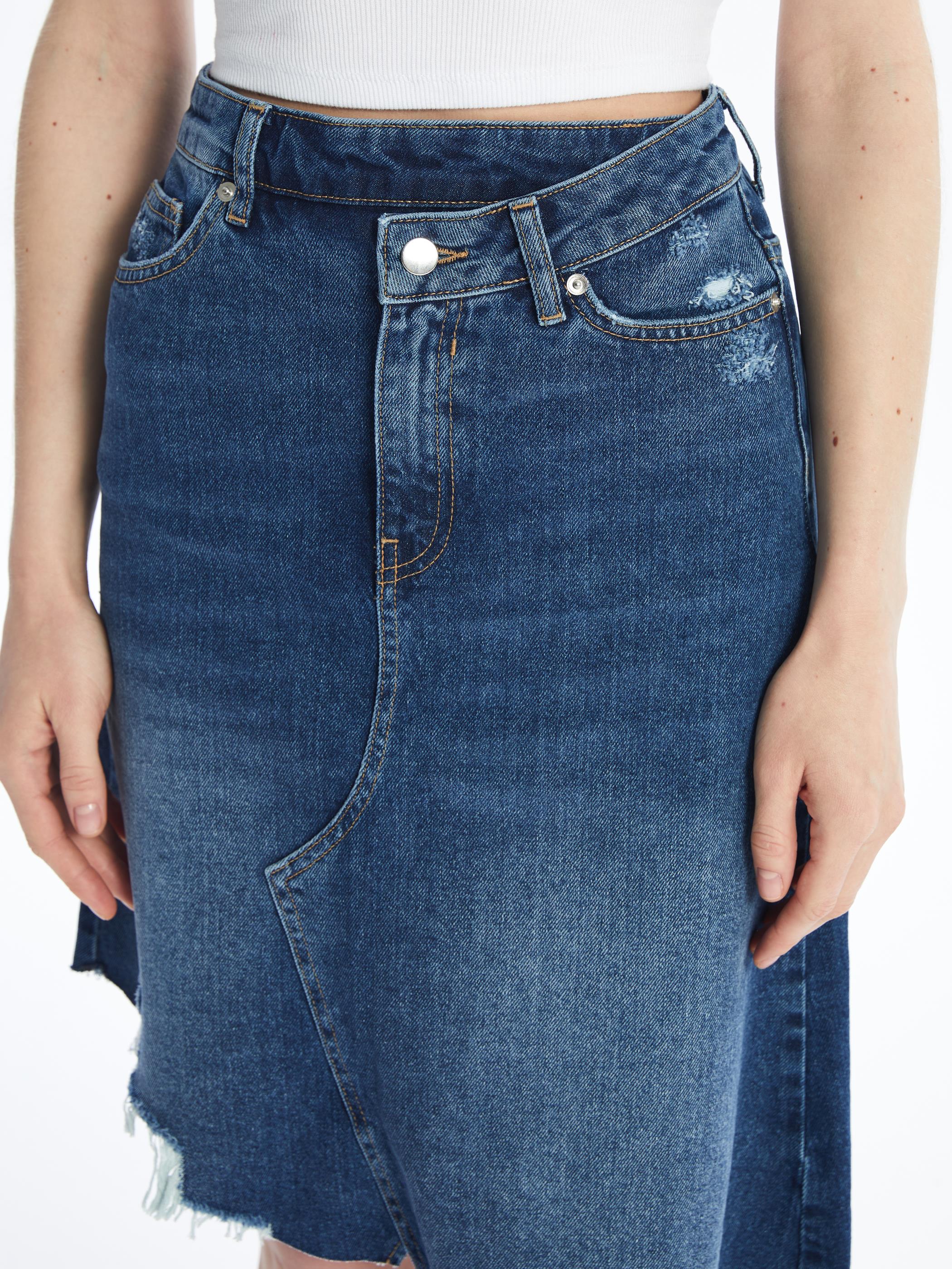 Udine - Denim Asimetrik Kesim Paçası Dikişsiz Etek - Mid Dark