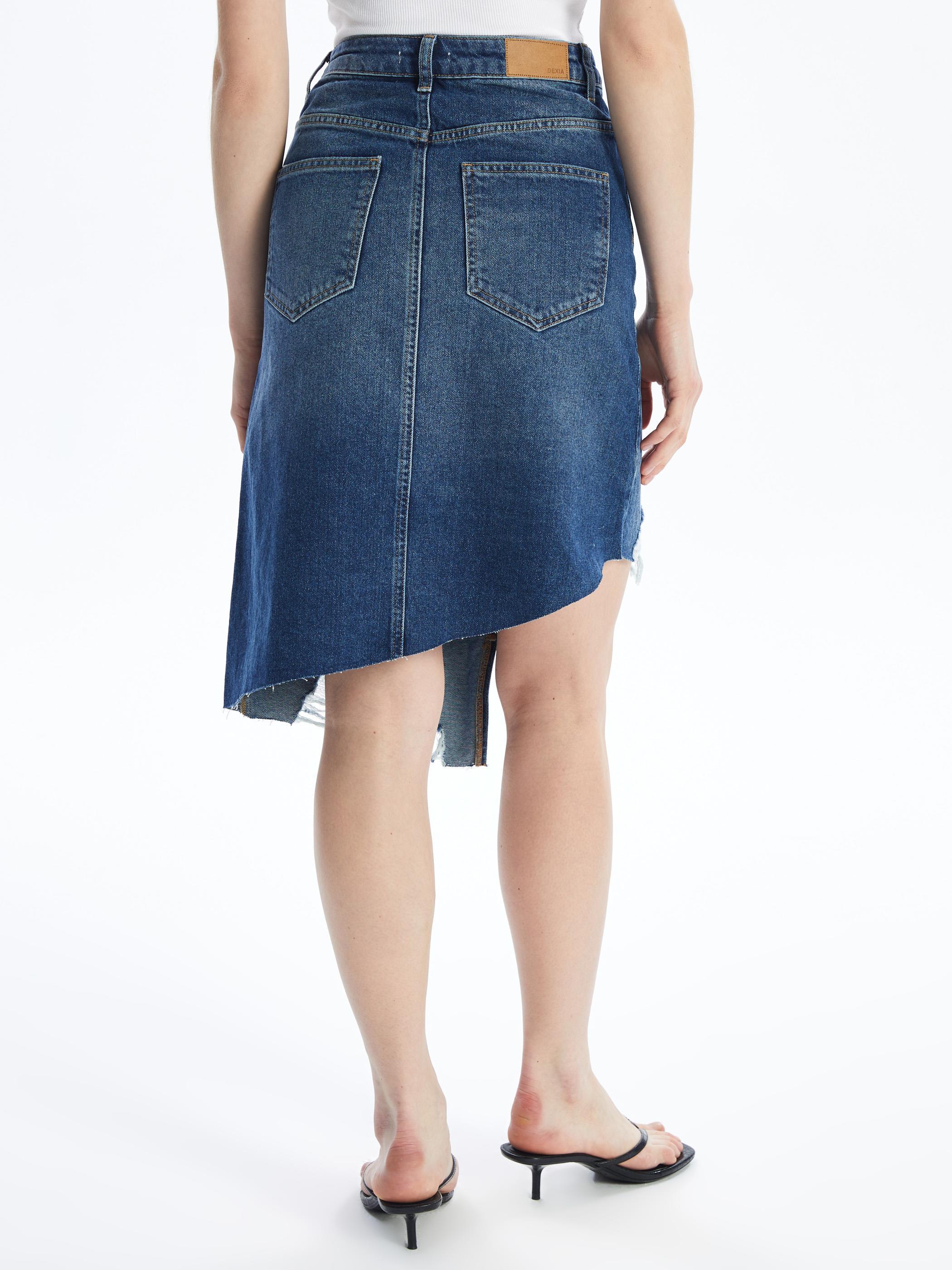 Udine - Denim Asimetrik Kesim Paçası Dikişsiz Etek - Mid Dark