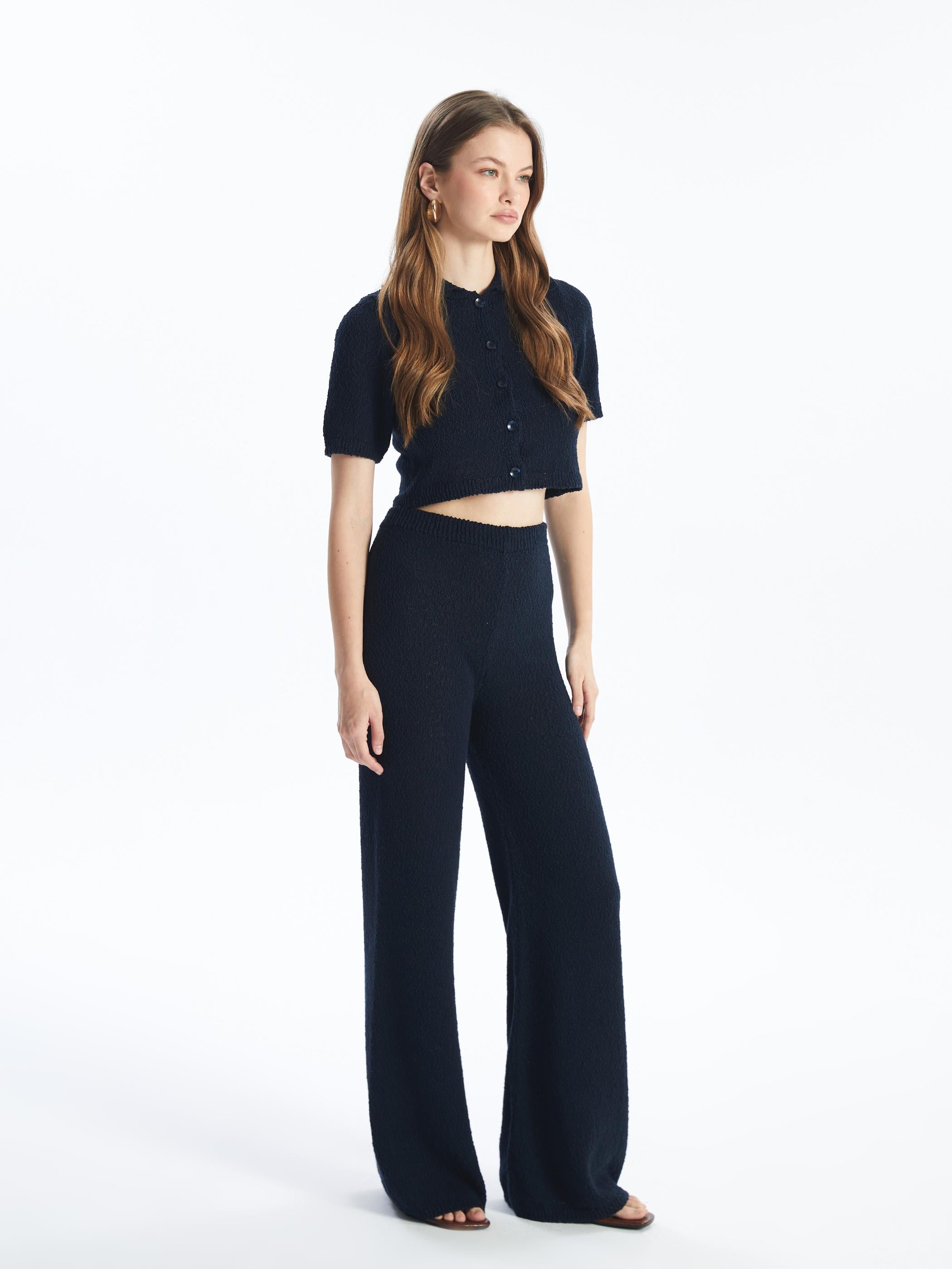 Valetta - Örgü Detaylı Bol Paça Triko Pantolon - Lacivert