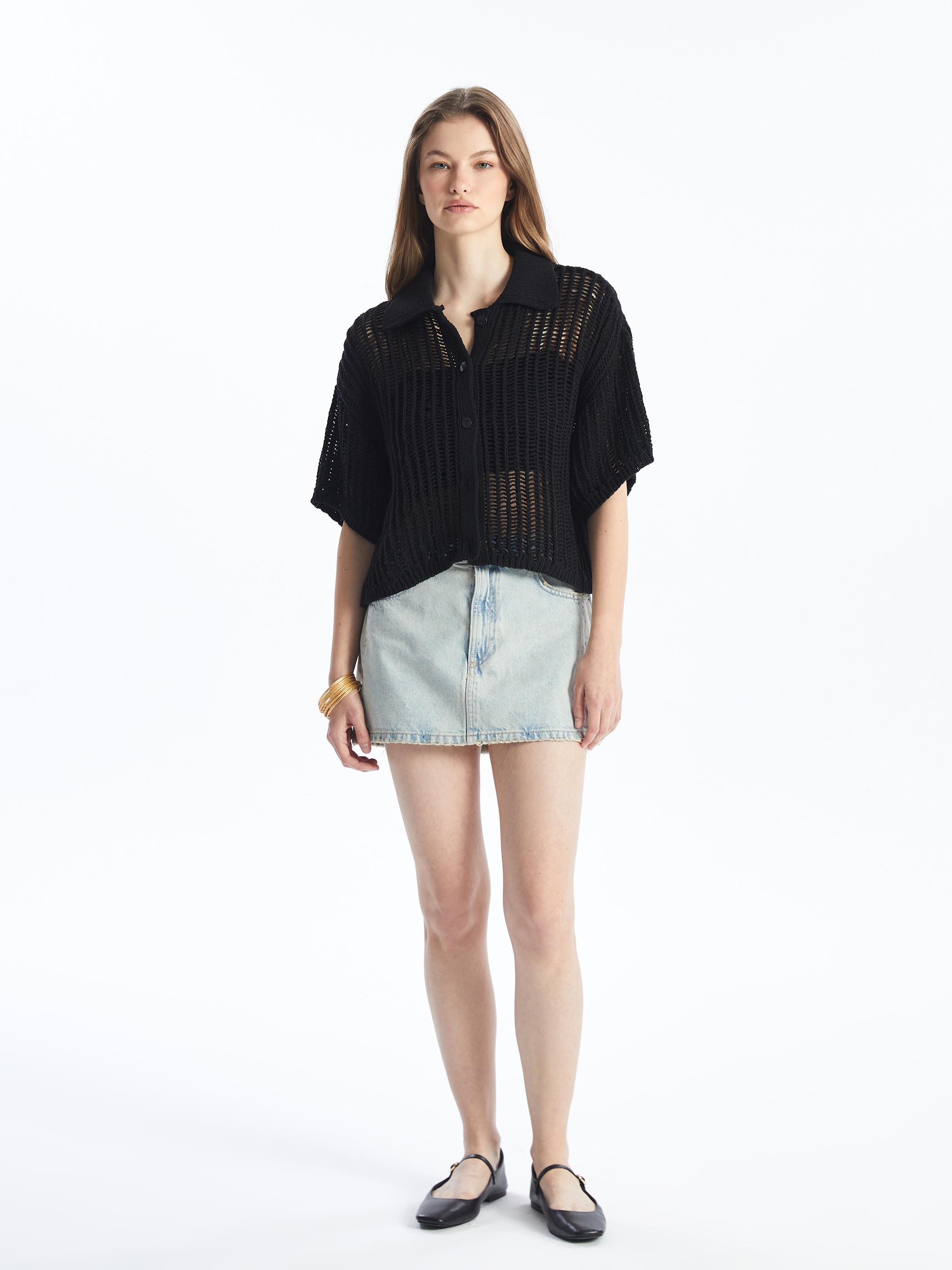 Verona - Ajurlu Gömlek Yaka Kısa Kol Relax Fit Triko Gömlek - Siyah