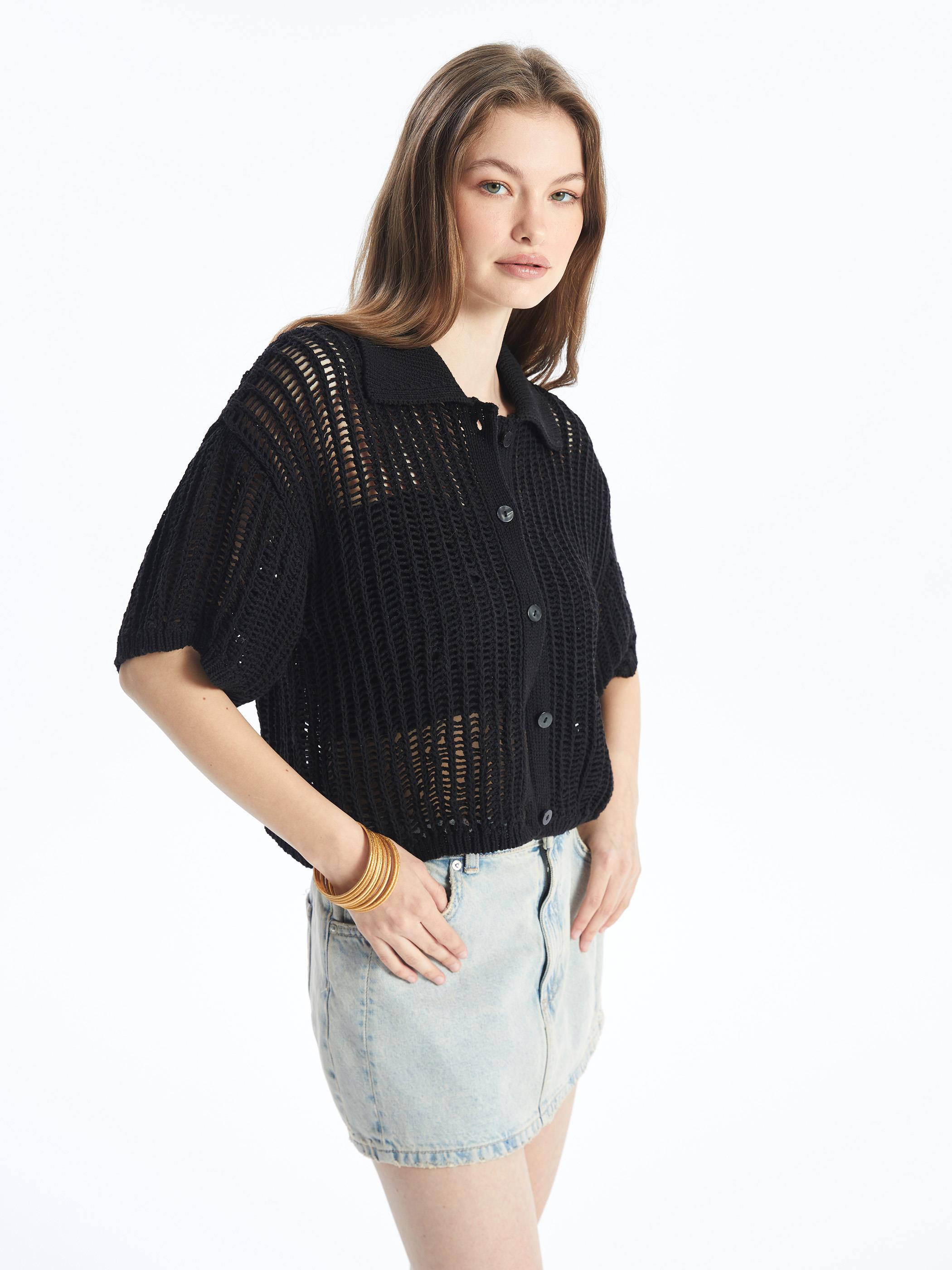 Verona - Ajurlu Gömlek Yaka Kısa Kol Relax Fit Triko Gömlek - Siyah