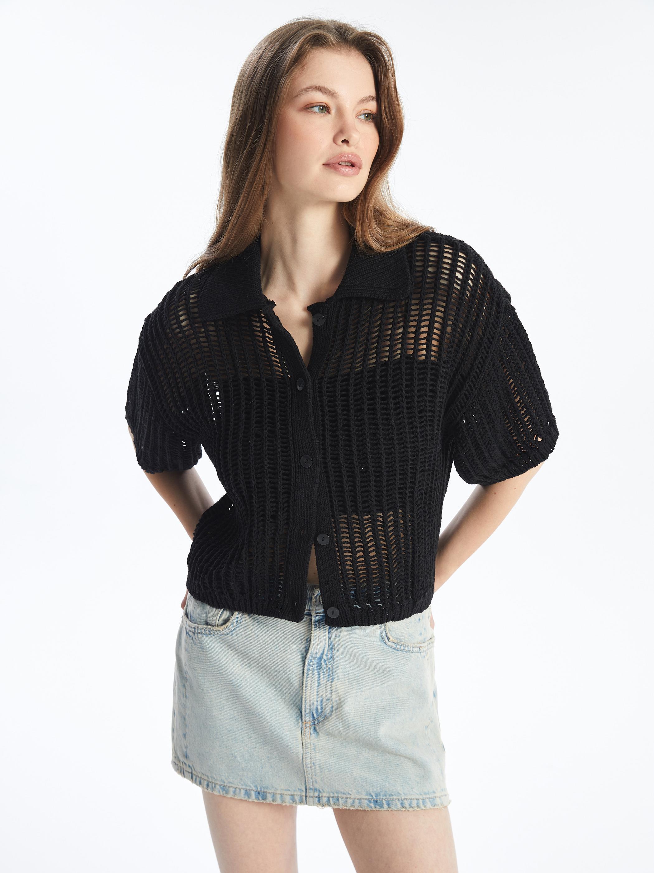 Verona - Ajurlu Gömlek Yaka Kısa Kol Relax Fit Triko Gömlek - Siyah