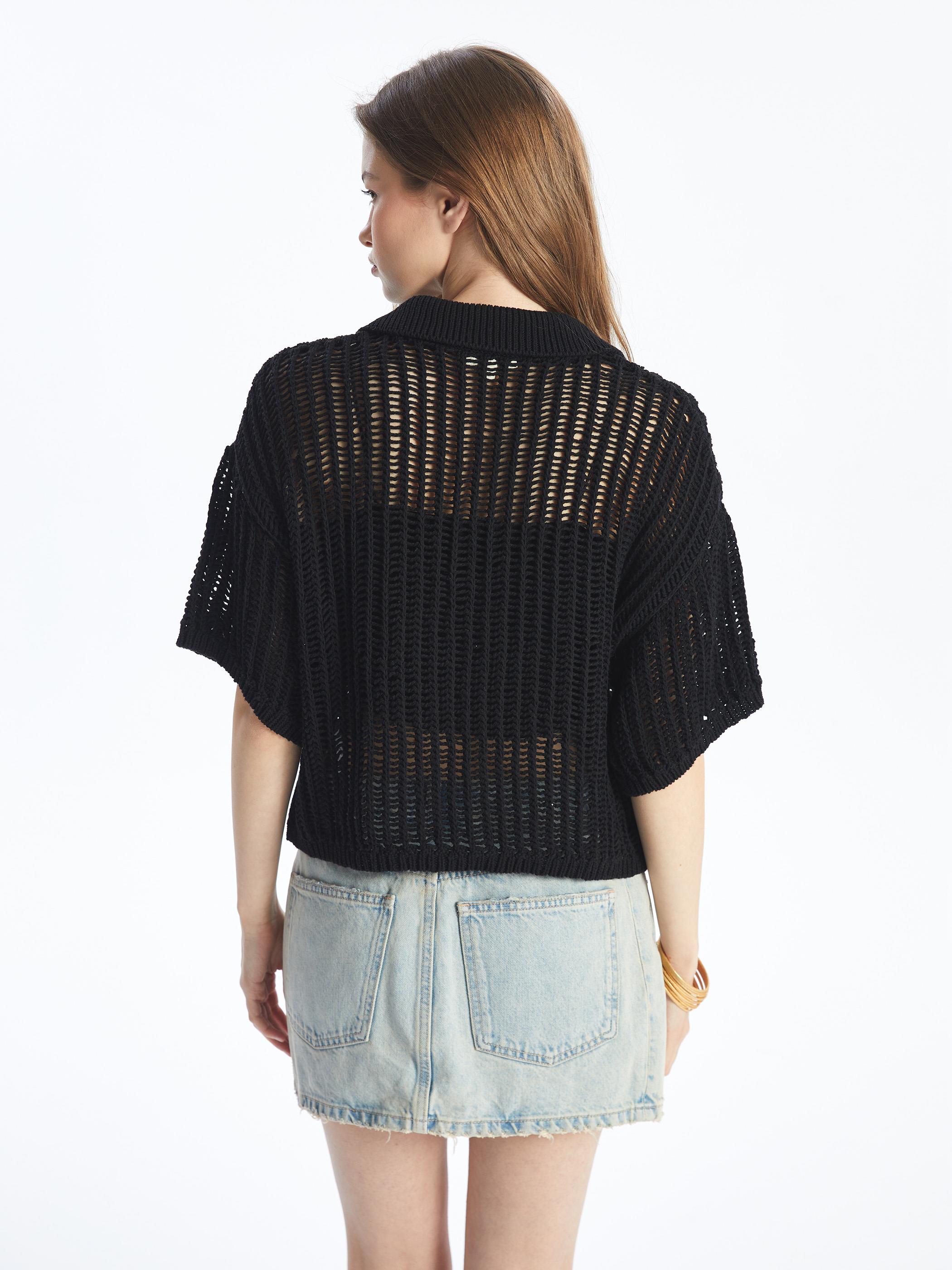 Verona - Ajurlu Gömlek Yaka Kısa Kol Relax Fit Triko Gömlek - Siyah