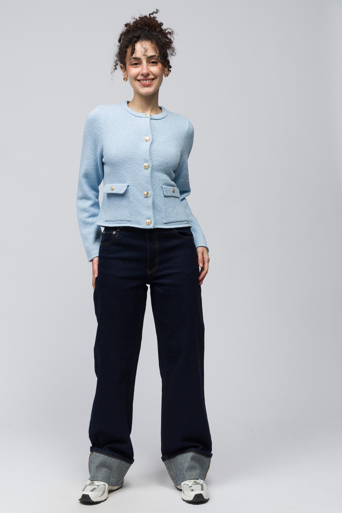 Zurih - Düğme ve Cep Detaylı Triko Hırka - Mavi Renk