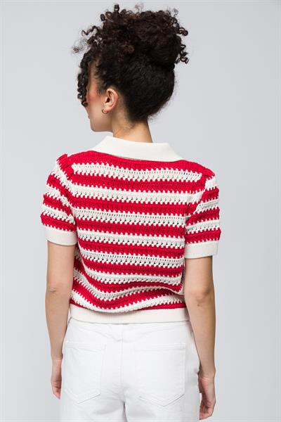 Almada - Çizgi Detaylı Gömlek Yaka Kısa Kollu Triko Bluz - Kırmızı Beyaz Çizgili Renk