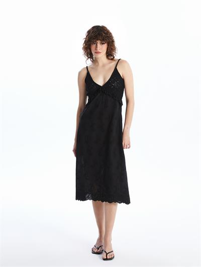 Amadora - Triko ve Keten Kumaş Birleşimli Yazlık Elbise - Siyah