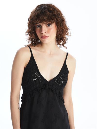 Amadora - Triko ve Keten Kumaş Birleşimli Yazlık Elbise - Siyah