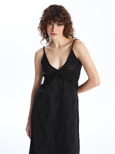 Amadora - Triko ve Keten Kumaş Birleşimli Yazlık Elbise - Siyah