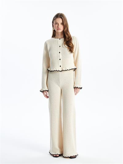 Amora - Örgü Detaylı Bol Paça Triko Pantolon - Ekru