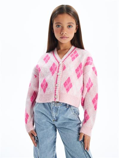 Argyle - Baklava Desen V Yaka Triko Hırka - Pembe Renk