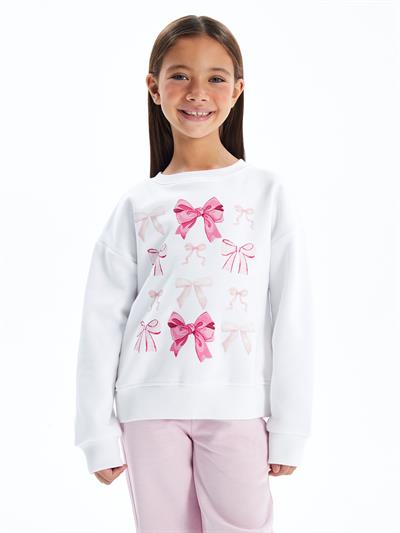 Bow Sweater - Bisiklet Yaka Dijital Baskılı Sweatshirt - Beyaz Renk