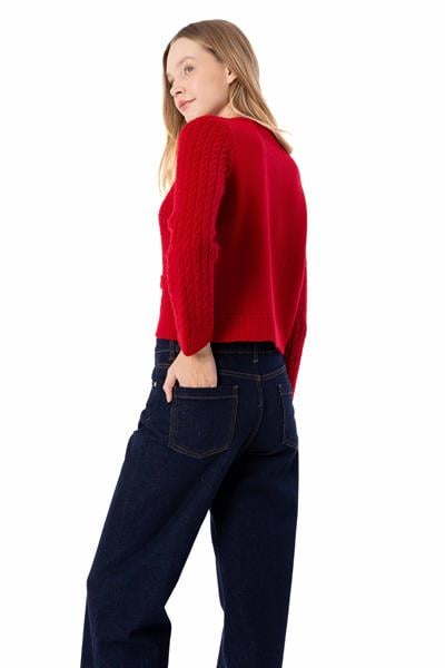 Breda - Düz ve Düğme Detaylı Triko Hırka  - Kırmızı Renk