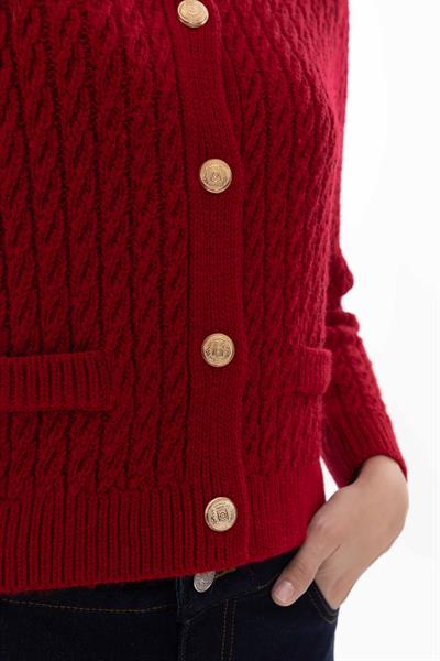 Breda - Düz ve Düğme Detaylı Triko Hırka  - Kırmızı Renk