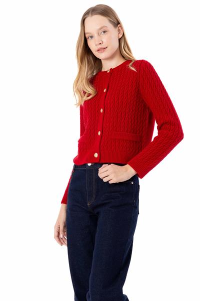 Breda - Düz ve Düğme Detaylı Triko Hırka  - Kırmızı Renk