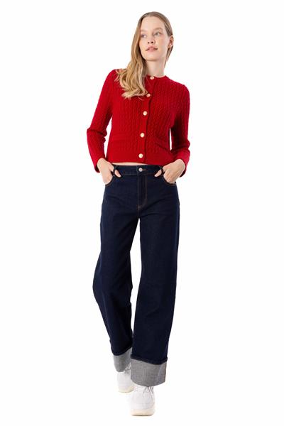 Breda - Düz ve Düğme Detaylı Triko Hırka  - Kırmızı Renk